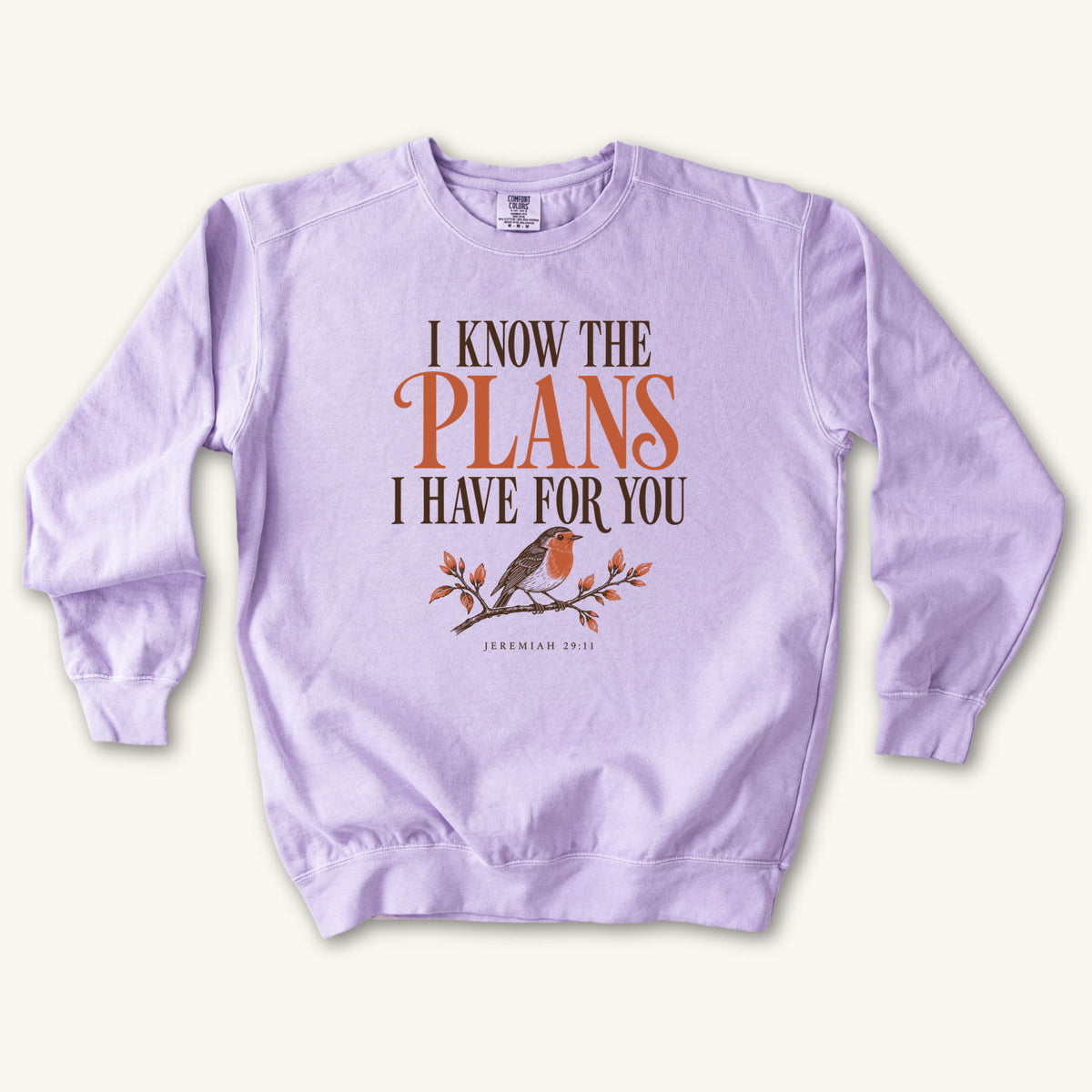 Orchid I Know the Plans Bird sweatshirt flat lay mockup, Jeremiah 29:11 Christian apparel for women