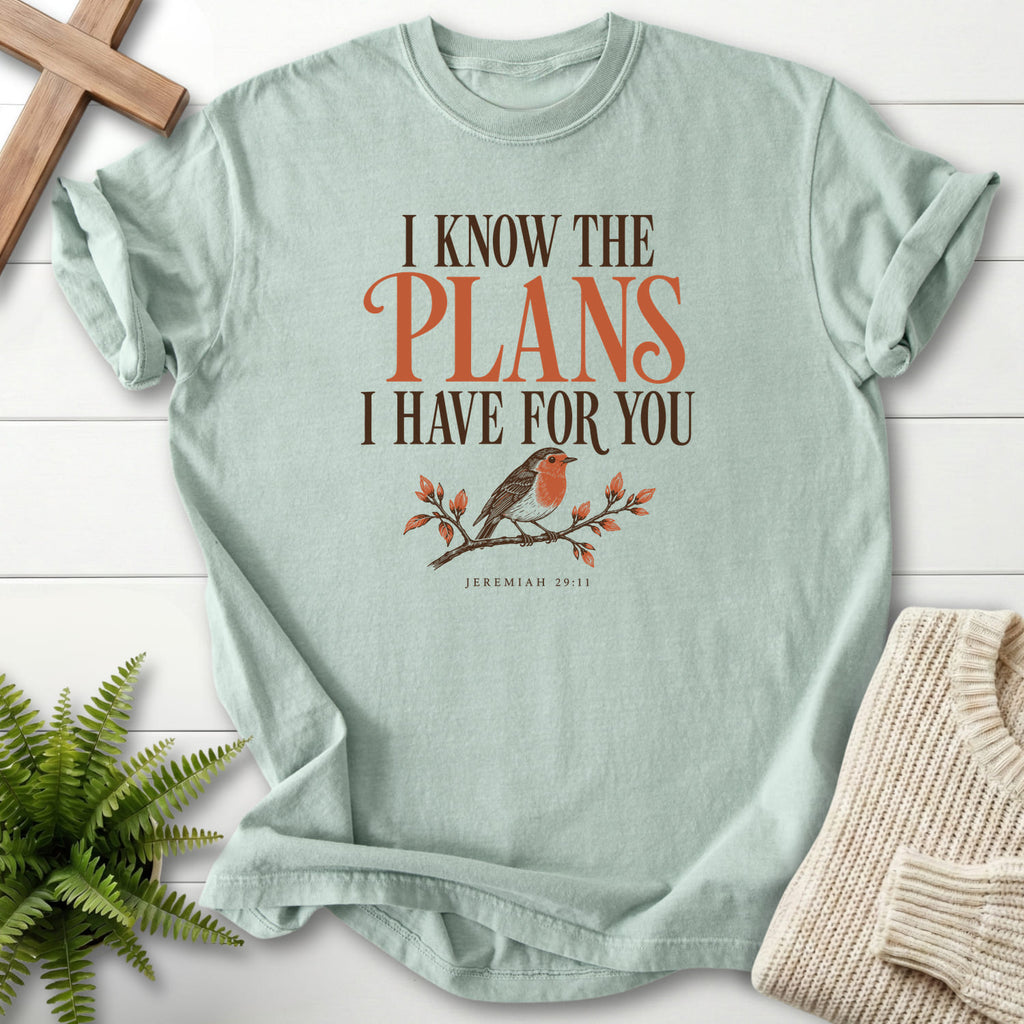 Bay I Know the Plans Bird T-shirt flat lay mockup, Jeremiah 29:11 Christian apparel for women