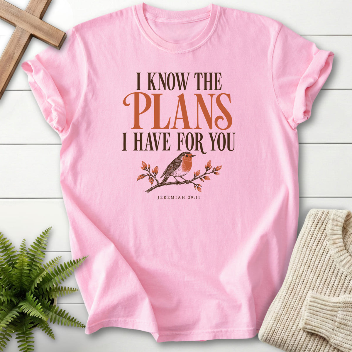 Blossom I Know the Plans Bird T-shirt flat lay mockup, Jeremiah 29:11 Christian apparel for women