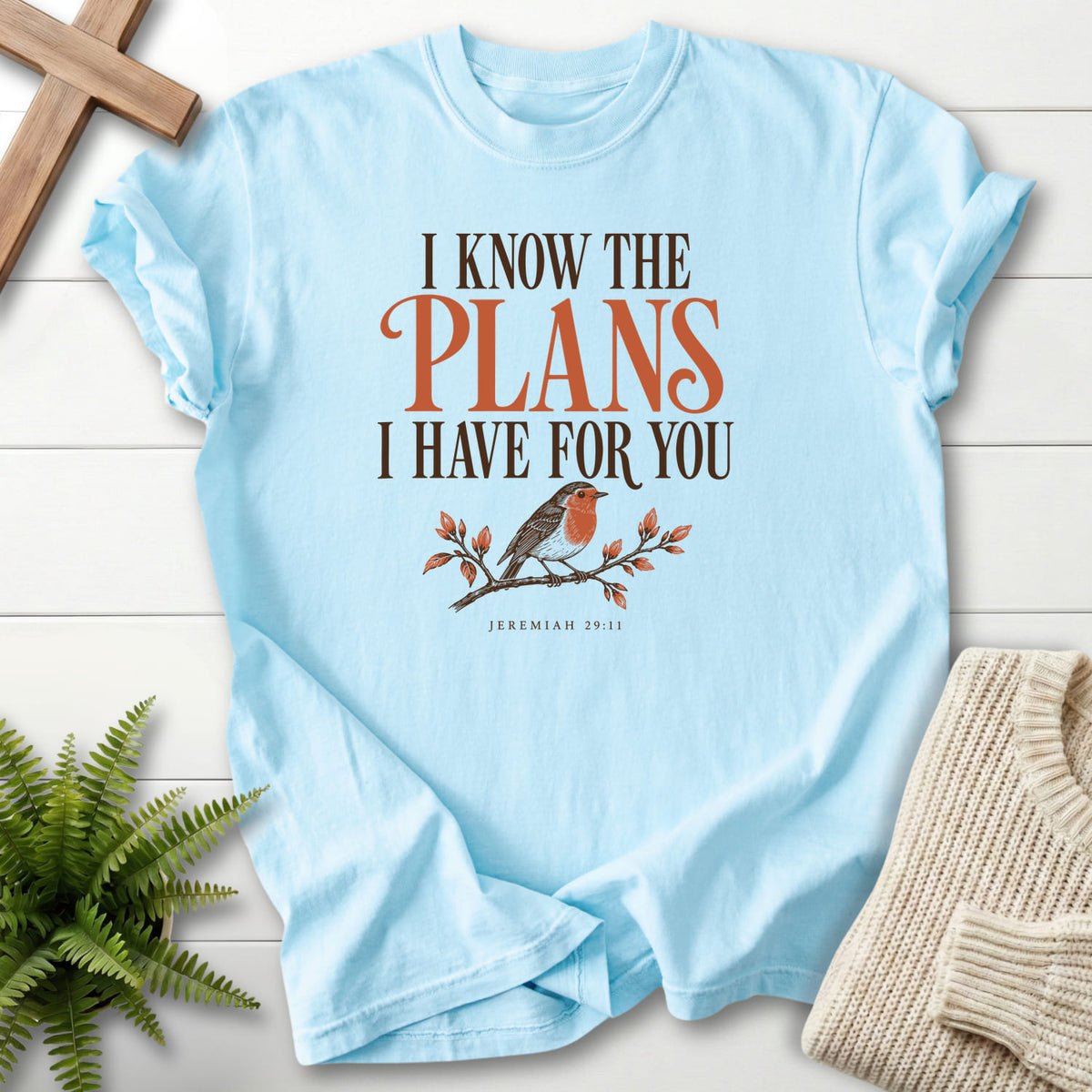 Chambray I Know the Plans Bird T-shirt flat lay mockup, Jeremiah 29:11 Christian apparel for women