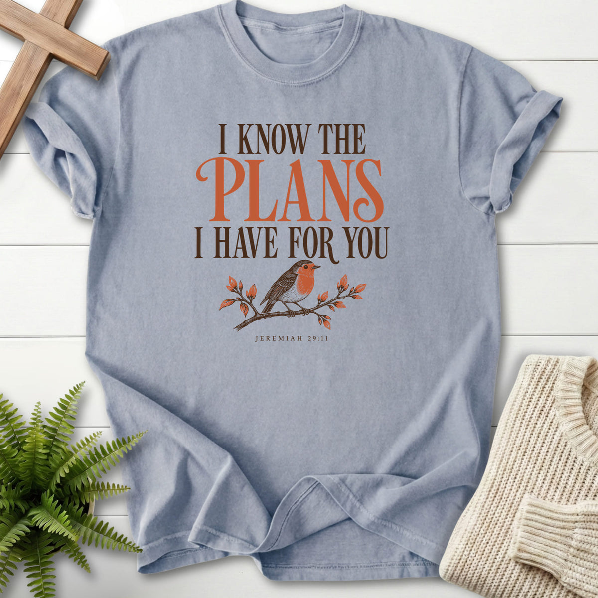 Granite I Know the Plans Bird T-shirt flat lay mockup, Jeremiah 29:11 Christian apparel for women