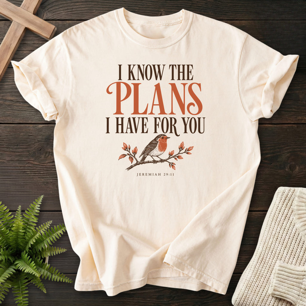Ivory I Know the Plans Bird T-shirt flat lay mockup, Jeremiah 29:11 Christian apparel for women