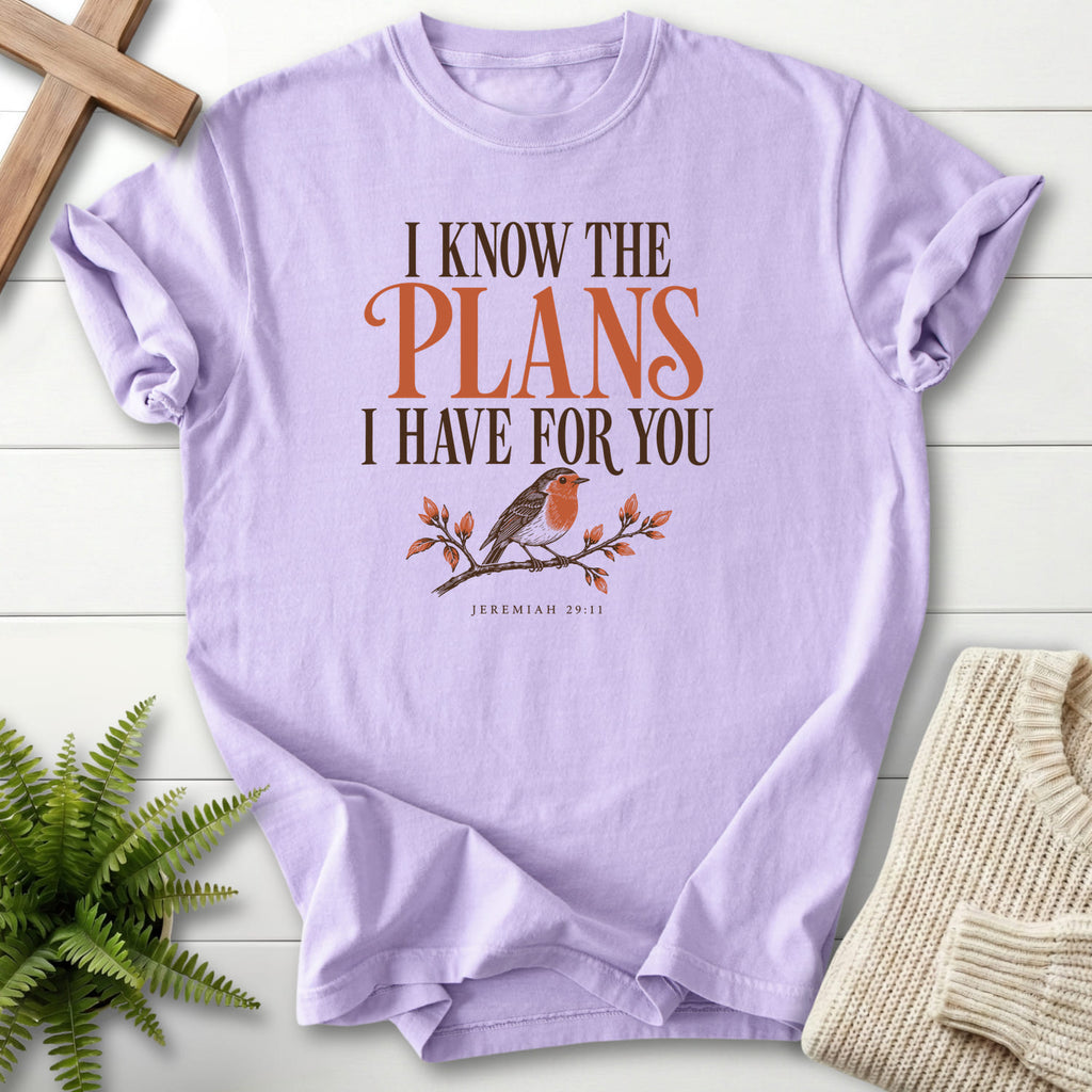 Orchid I Know the Plans Bird T-shirt flat lay mockup, Jeremiah 29:11 Christian apparel for women