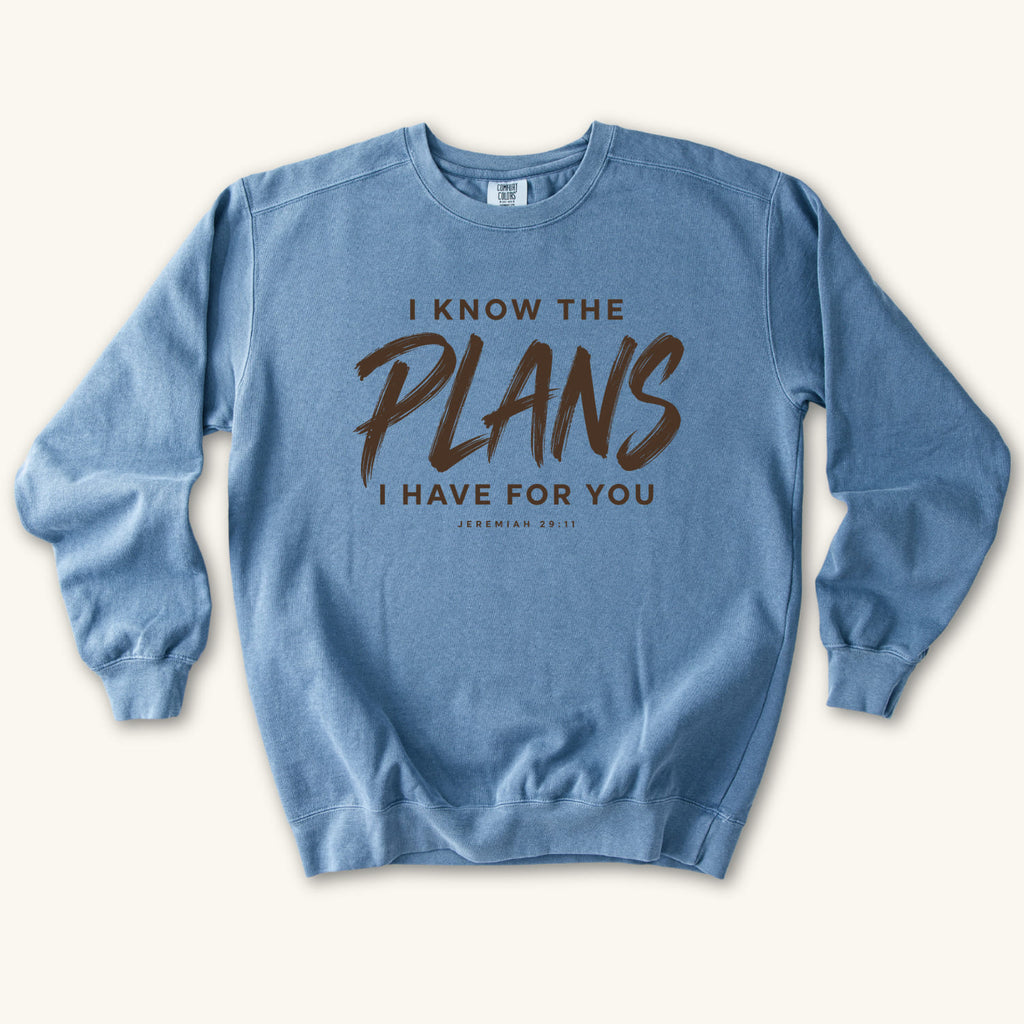 Blue Jean I Know the Plans sweatshirt flat lay mockup, Jeremiah 29:11 Christian apparel for women