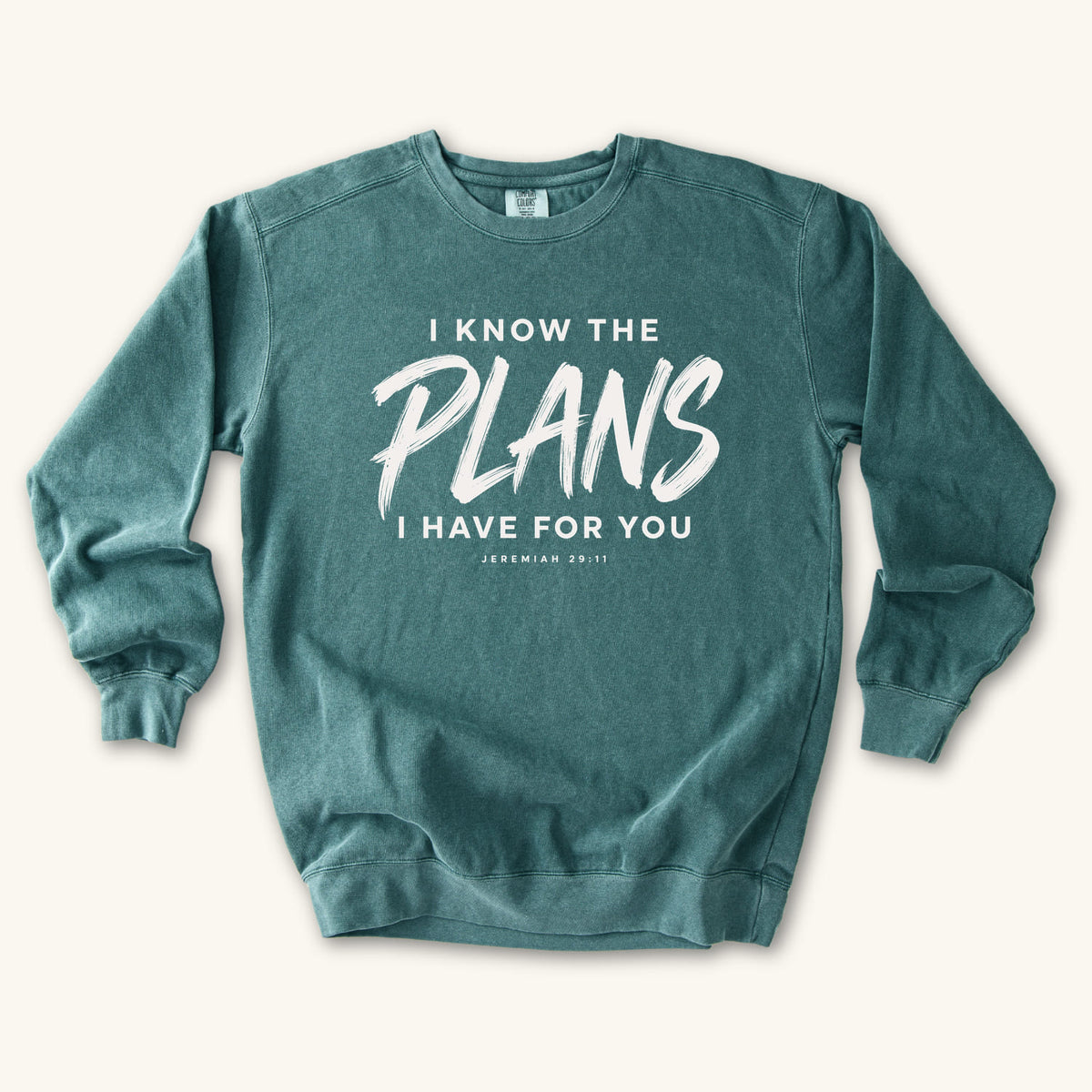 Blue Spruce I Know the Plans sweatshirt flat lay mockup, Jeremiah 29:11 Christian apparel for women