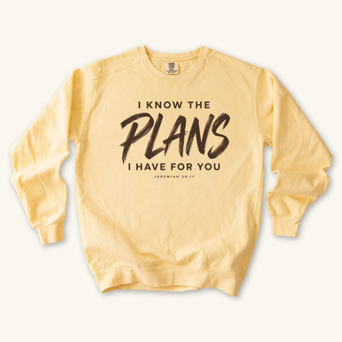Butter I Know the Plans sweatshirt flat lay mockup, Jeremiah 29:11 Christian apparel for women