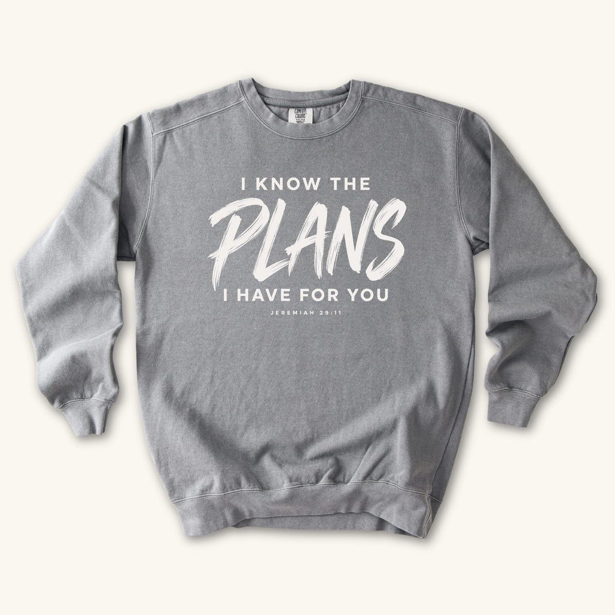 Grey I Know the Plans sweatshirt flat lay mockup, Jeremiah 29:11 Christian apparel for women