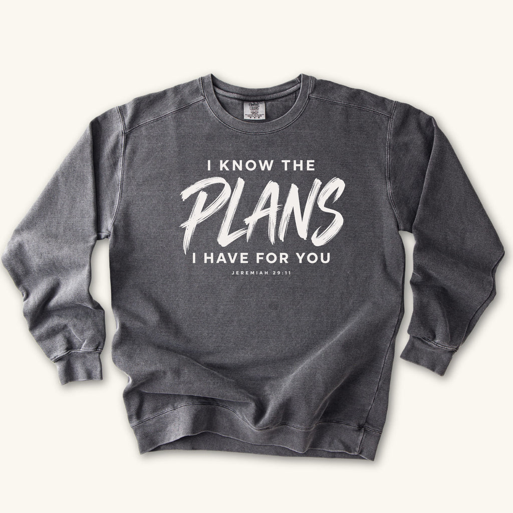 Pepper I Know the Plans sweatshirt flat lay mockup, Jeremiah 29:11 Christian apparel for women