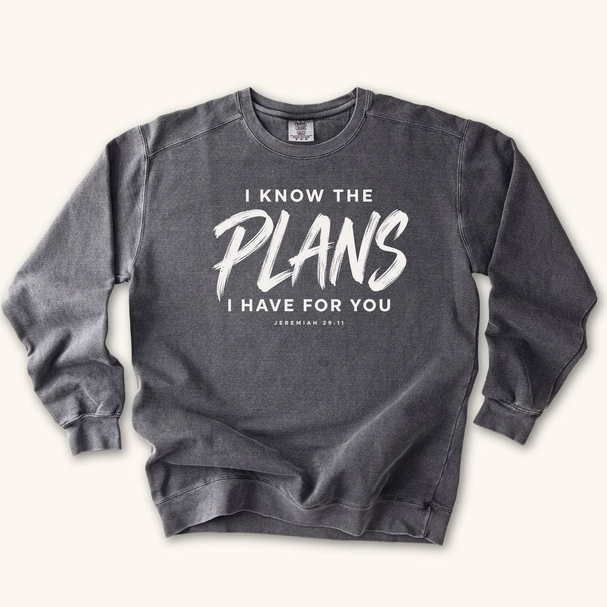 Pepper I Know the Plans sweatshirt flat lay mockup, Jeremiah 29:11 Christian apparel for women