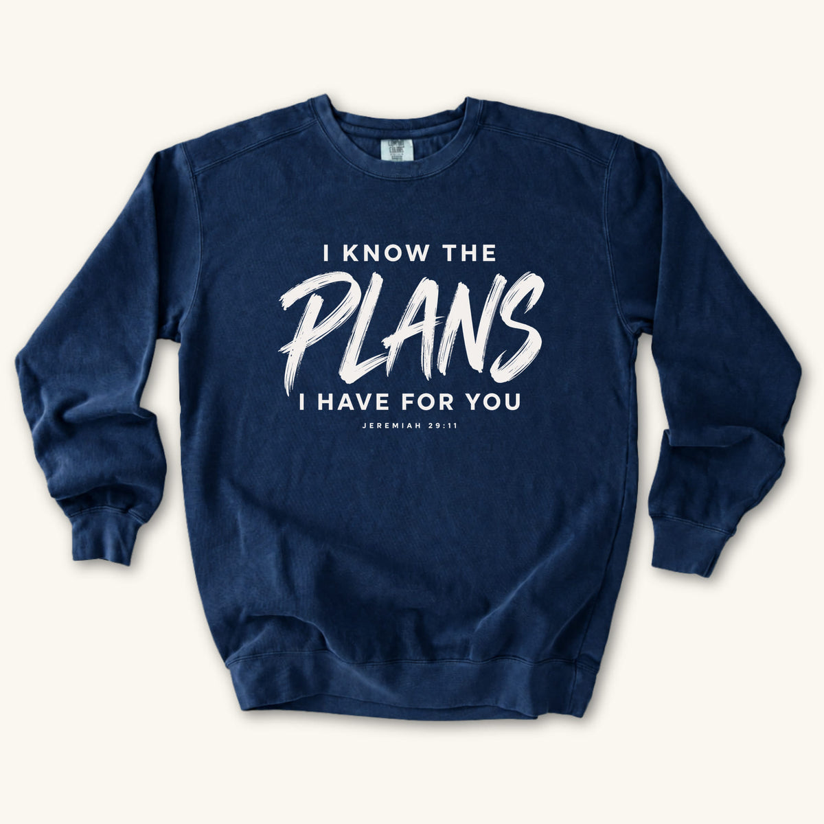 True Navy I Know the Plans sweatshirt flat lay mockup, Jeremiah 29:11 Christian apparel for women