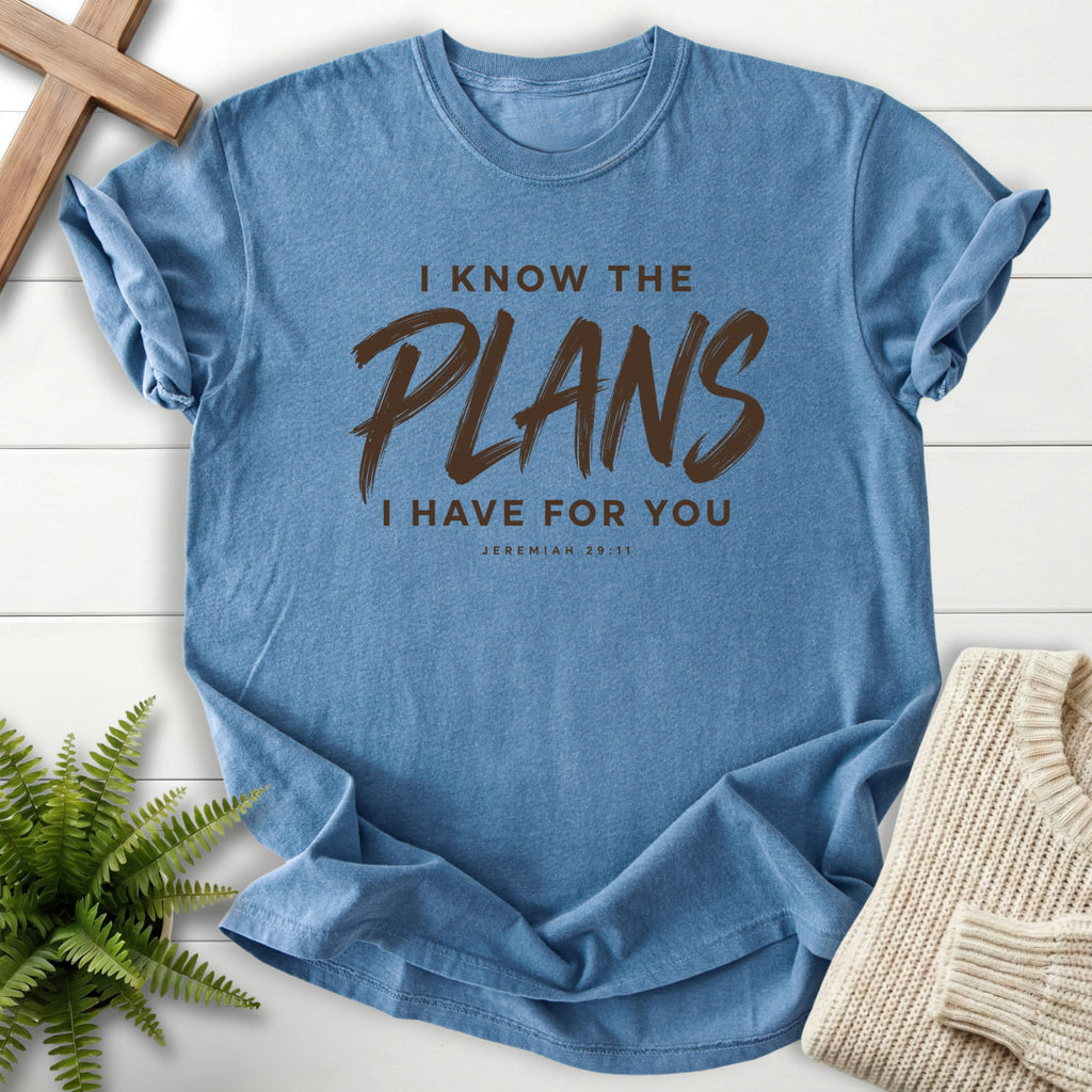 Blue Jean I Know the Plans T-shirt flat lay mockup, Jeremiah 29:11 Christian apparel for women
