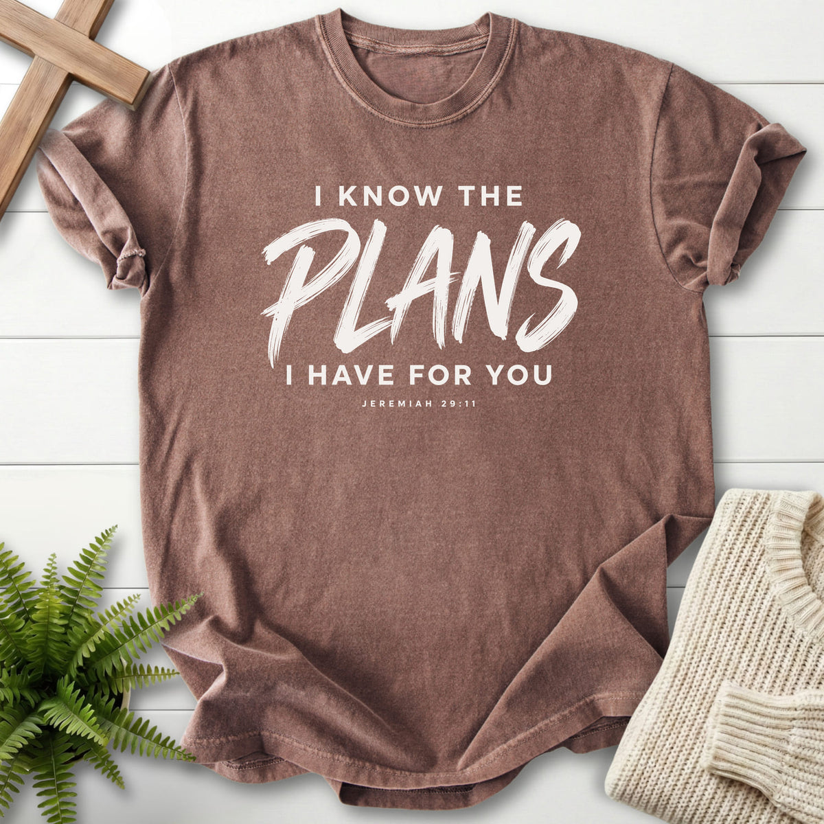 Espresso I Know the Plans T-shirt flat lay mockup, Jeremiah 29:11 Christian apparel for women