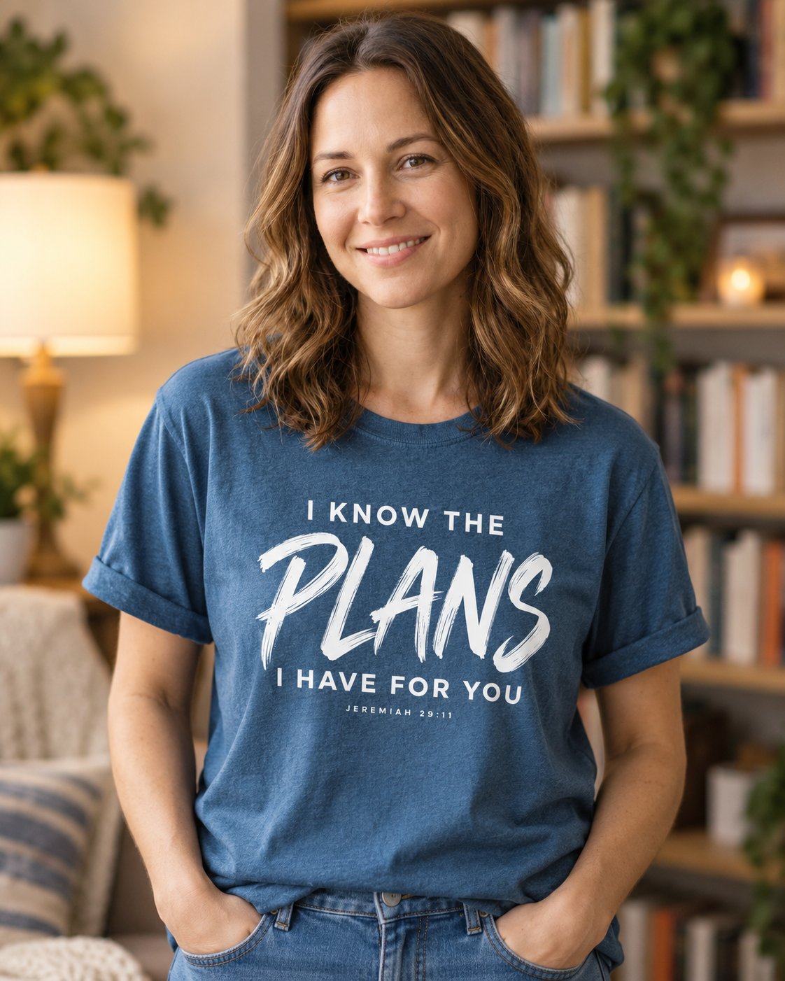 I Know the Plans, Midnight women's Christian tee, lifestyle photo in cozy reading nook, Brush lettered I KNOW THE PLANS I HAVE FOR YOU, She Wears Faith