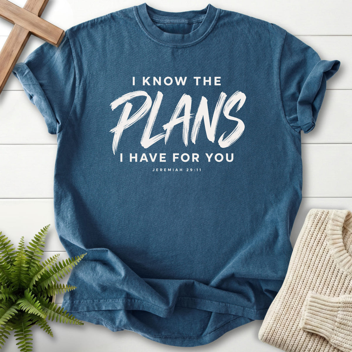 Midnight I Know the Plans T-shirt flat lay mockup, Jeremiah 29:11 Christian apparel for women