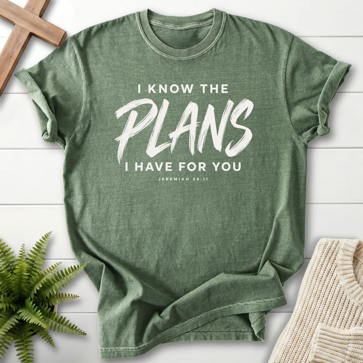 Moss I Know the Plans T-shirt flat lay mockup, Jeremiah 29:11 Christian apparel for women