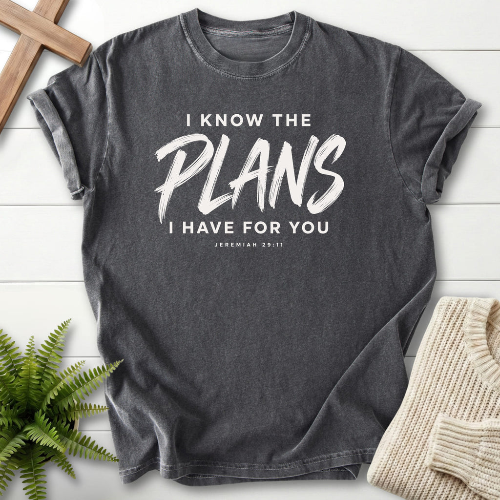 Pepper I Know the Plans T-shirt flat lay mockup, Jeremiah 29:11 Christian apparel for women