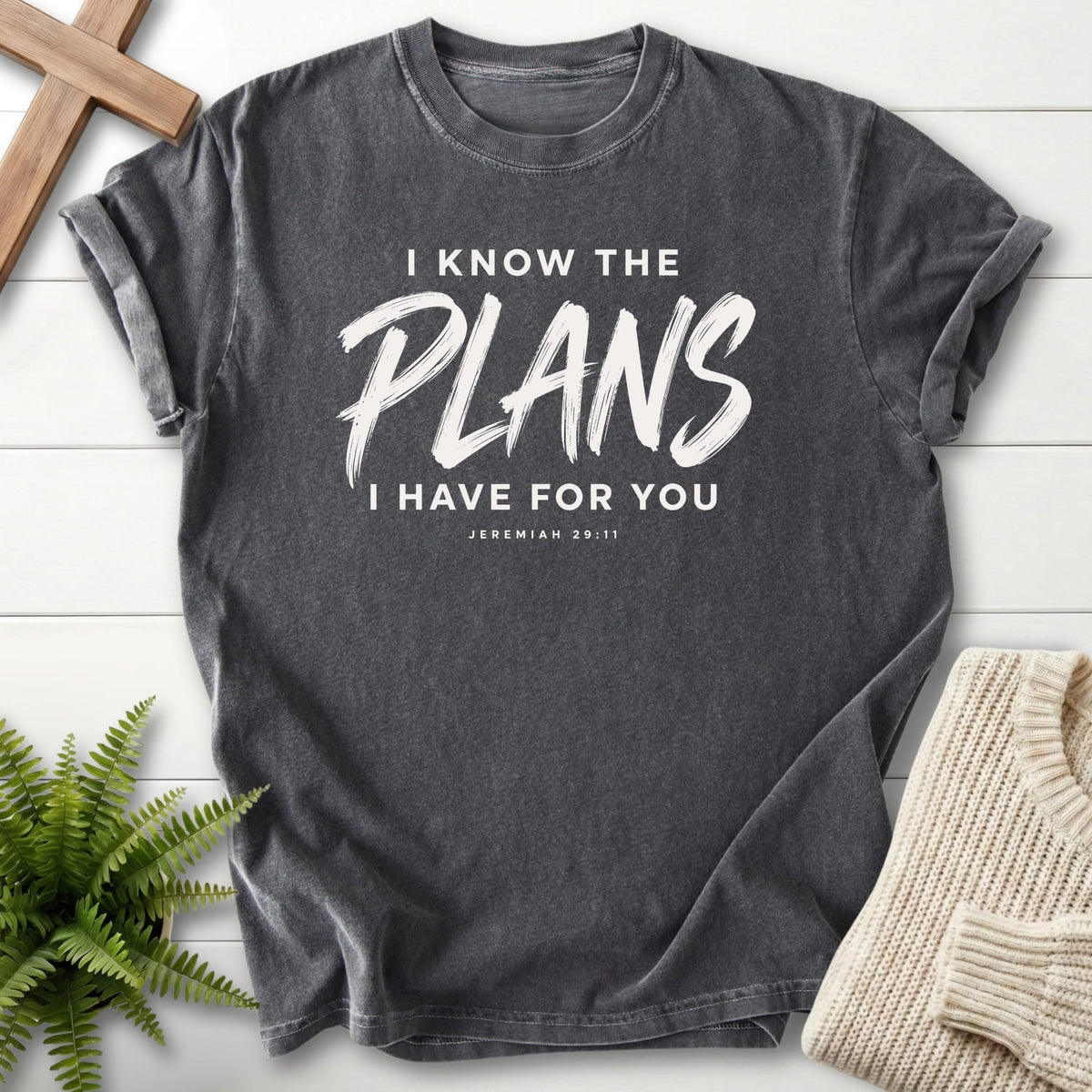 Pepper I Know the Plans T-shirt flat lay mockup, Jeremiah 29:11 Christian apparel for women