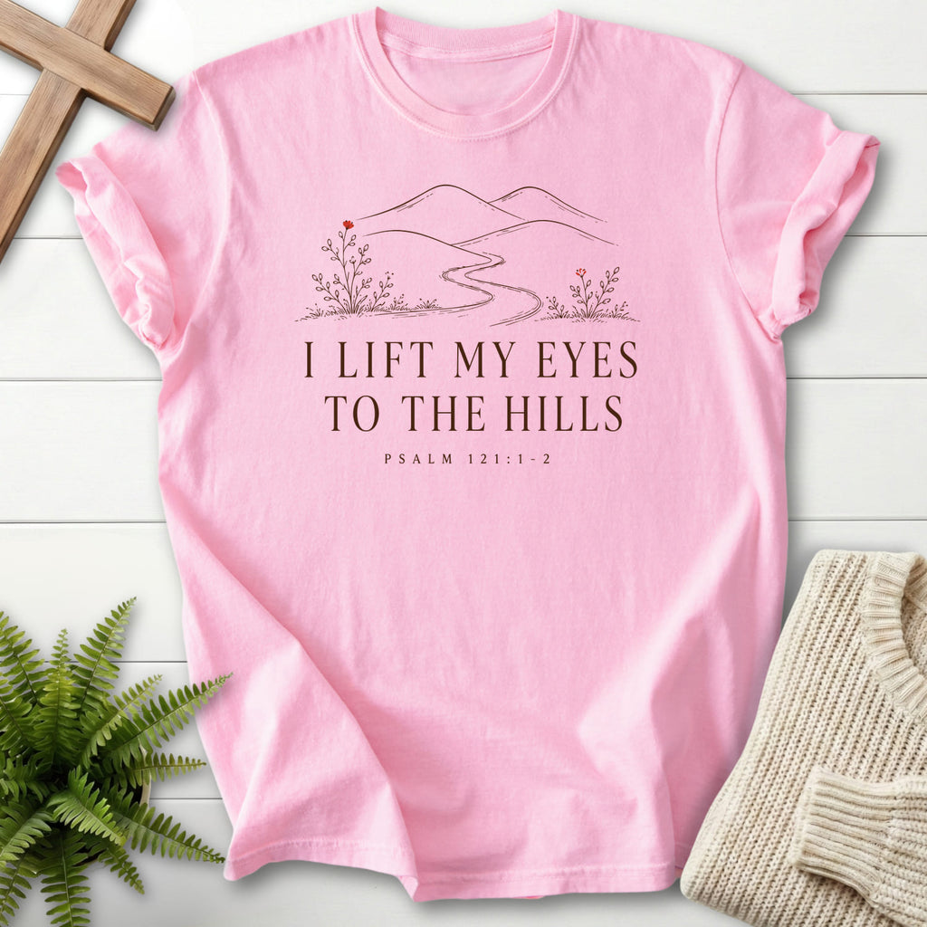 Flatlay of a Blossom Comfort Colors 1717 women's Christian tee with floral line art with "I Lift My Eyes to the Hills T-Shirt" Psalm 121:1-2.