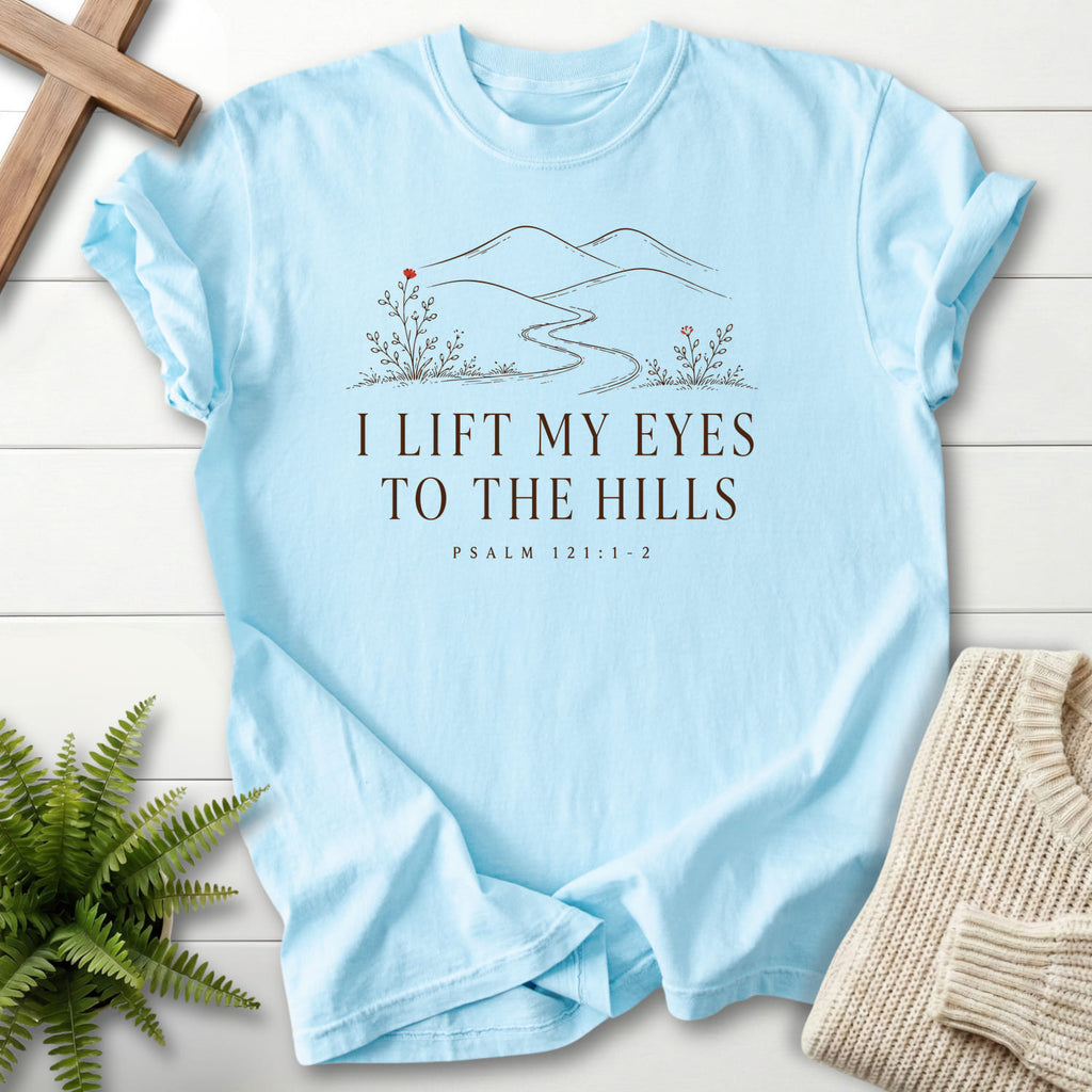 Chambray color option for the I Lift My Eyes to the Hills faith-inspired shirt with floral line art with "I Lift My Eyes to the Hills T-Shirt" Psalm.