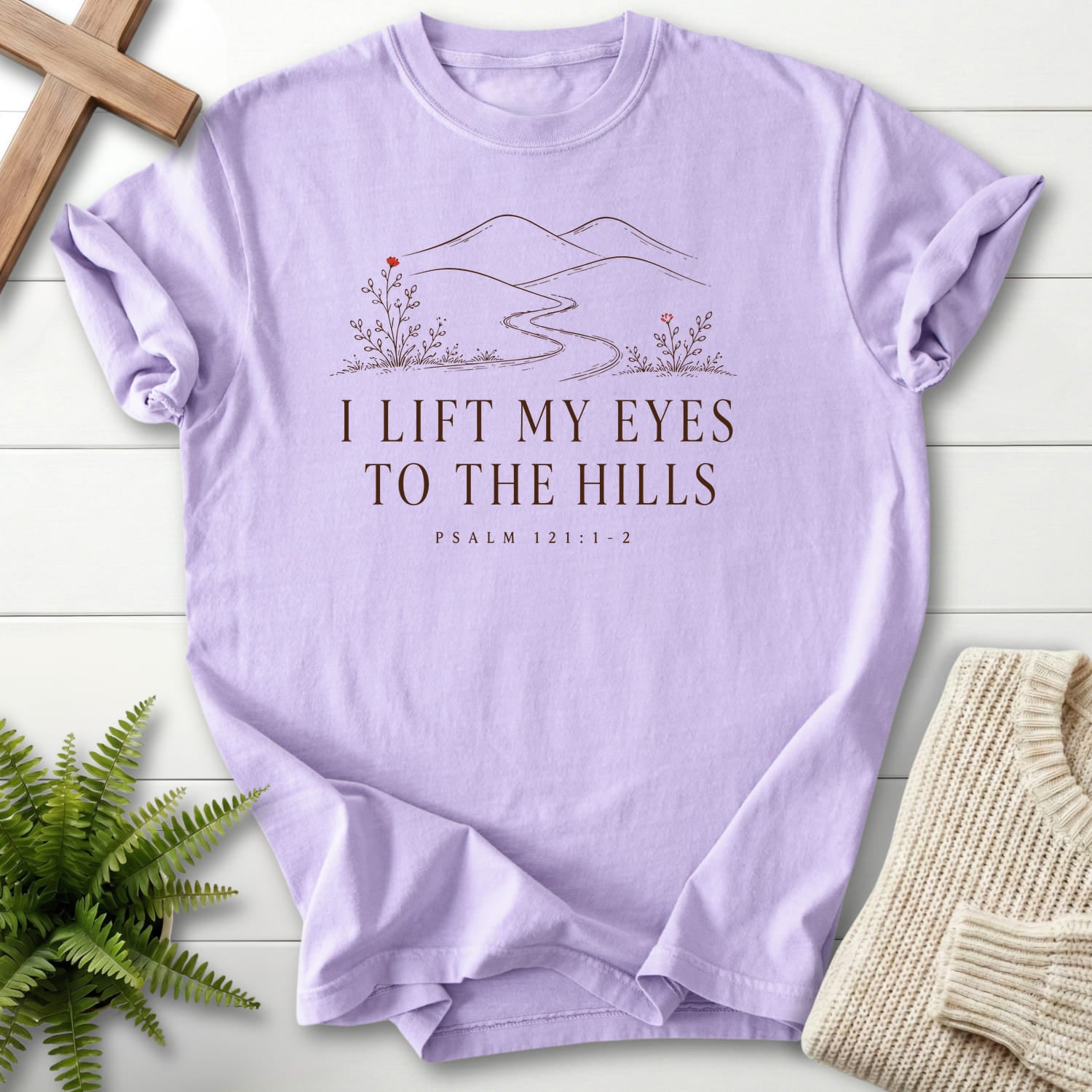 Orchid color option for the I Lift My Eyes to the Hills faith-based tee with floral line art with "I Lift My Eyes to the Hills T-Shirt" Psalm 121:1-2.