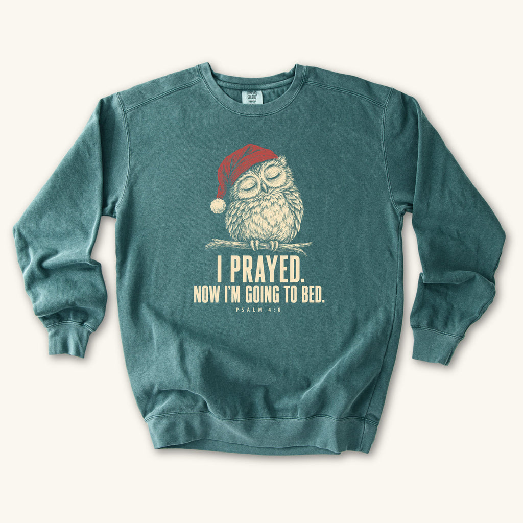 Blue Spruce I Prayed Now I'm Going to Bed sweatshirt flat lay mockup, Psalm 4:8 Christian apparel for women