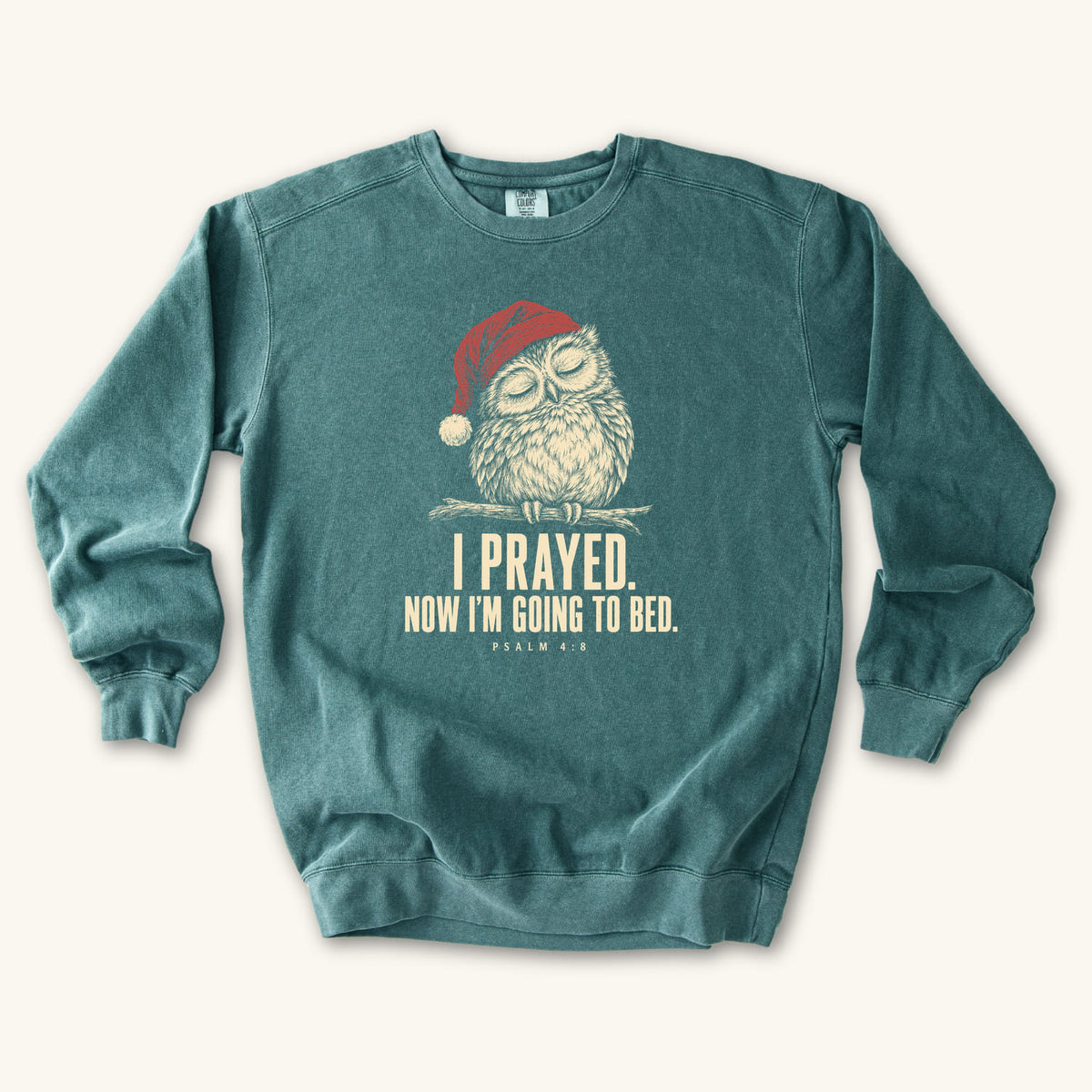 Blue Spruce I Prayed Now I'm Going to Bed sweatshirt flat lay mockup, Psalm 4:8 Christian apparel for women