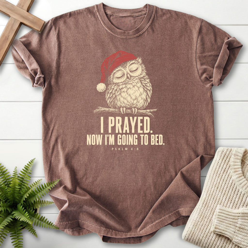 Espresso I Prayed Now I'm Going to Bed T-shirt flat lay mockup, Psalm 4:8 Christian apparel for women