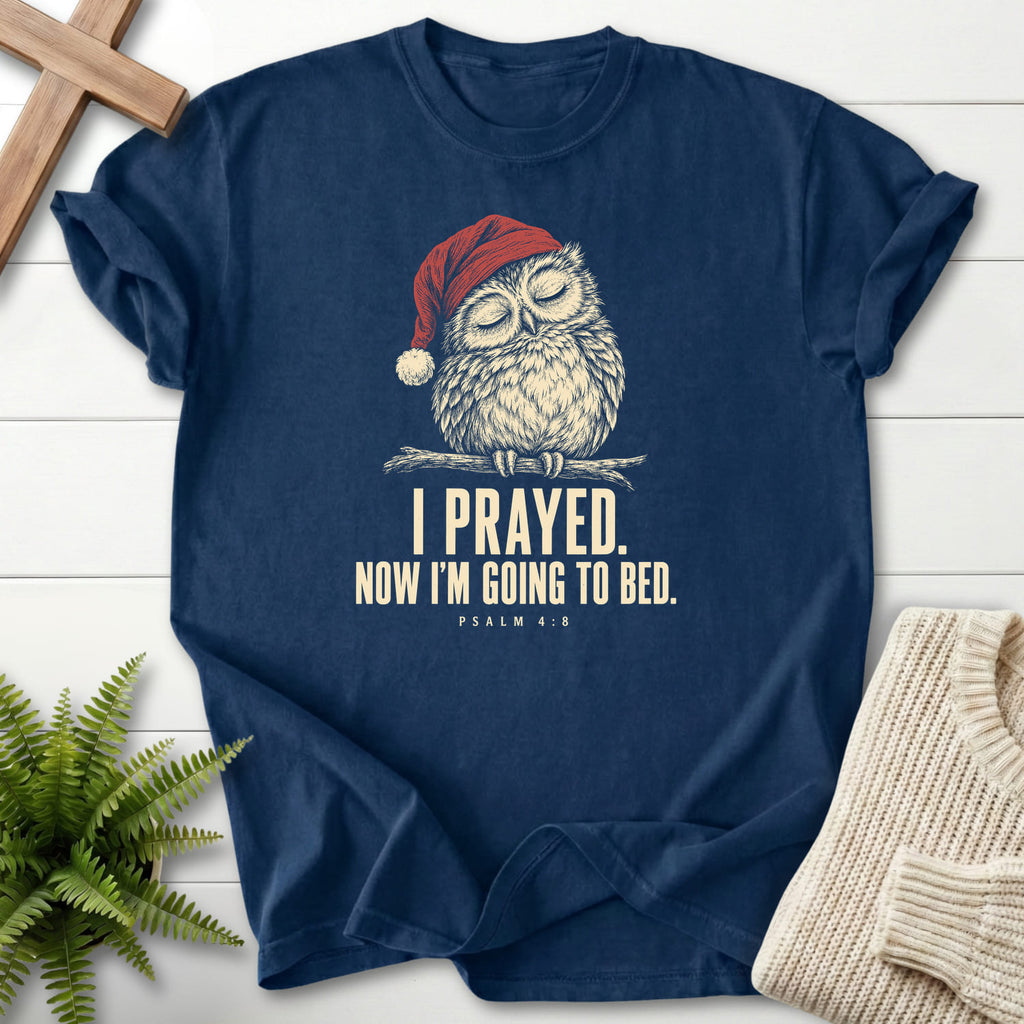 Navy I Prayed Now I'm Going to Bed T-shirt flat lay mockup, Psalm 4:8 Christian apparel for women