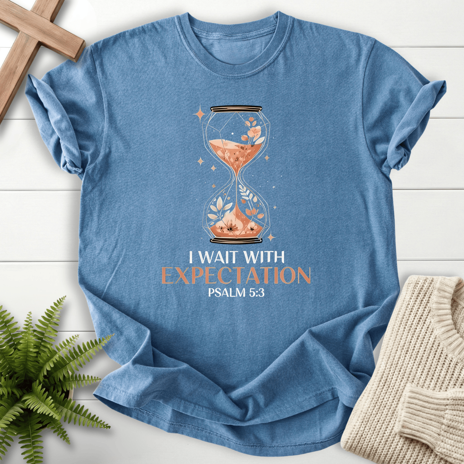 Blue Jean women's Christian t-shirt with a decorated hourglass motif and mixed-style lettering, inspired by Psalm 5:3.
