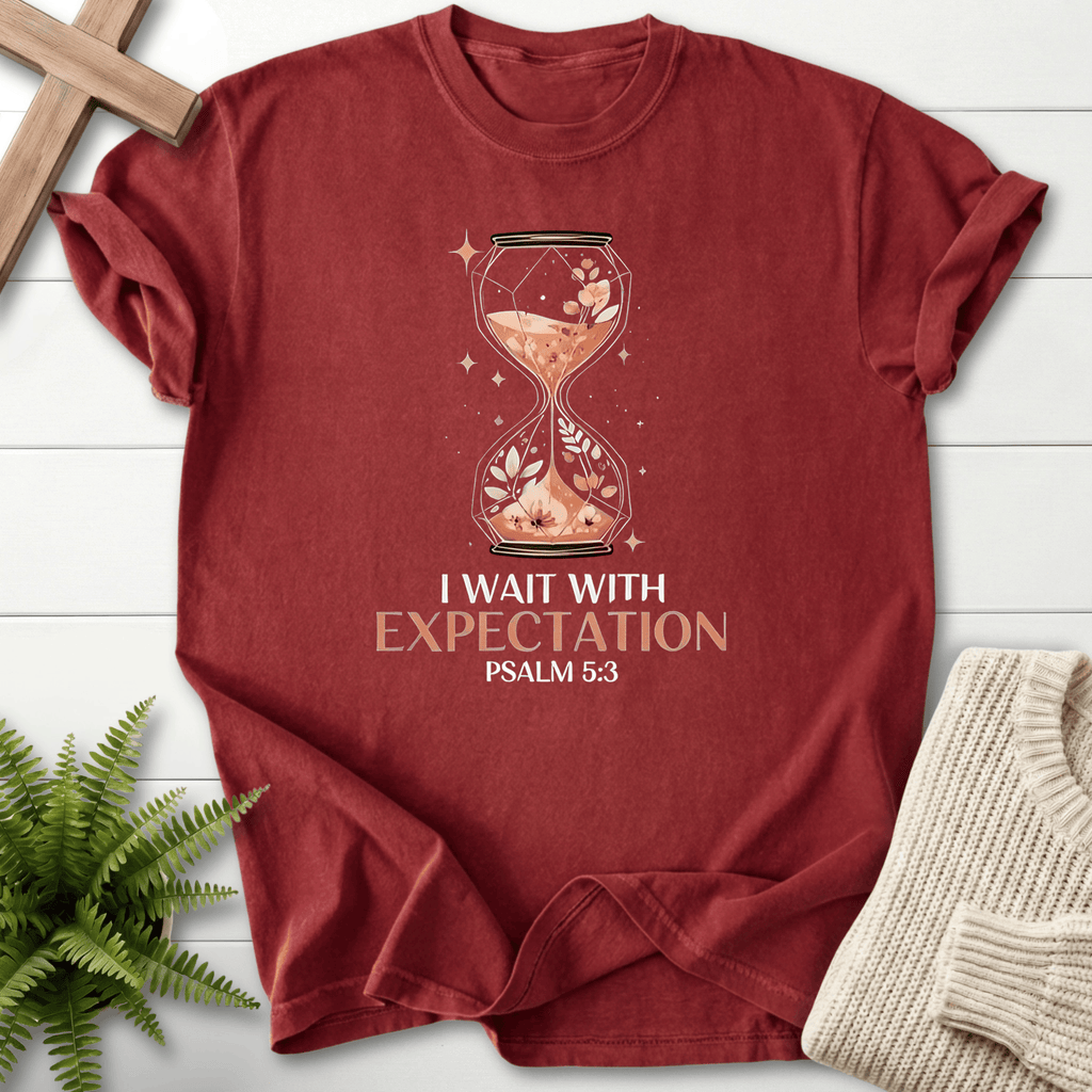 Brick women's Christian t-shirt with a sparkling floral hourglass design, inspired by Psalm 5:3.