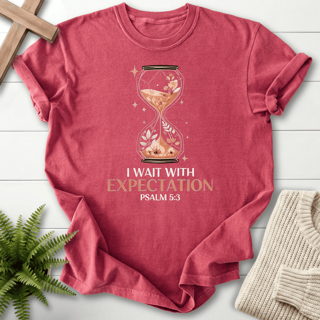 Crimson women's Christian t-shirt with "I Wait With Expectation" lettering and floral art, inspired by Psalm 5:3.