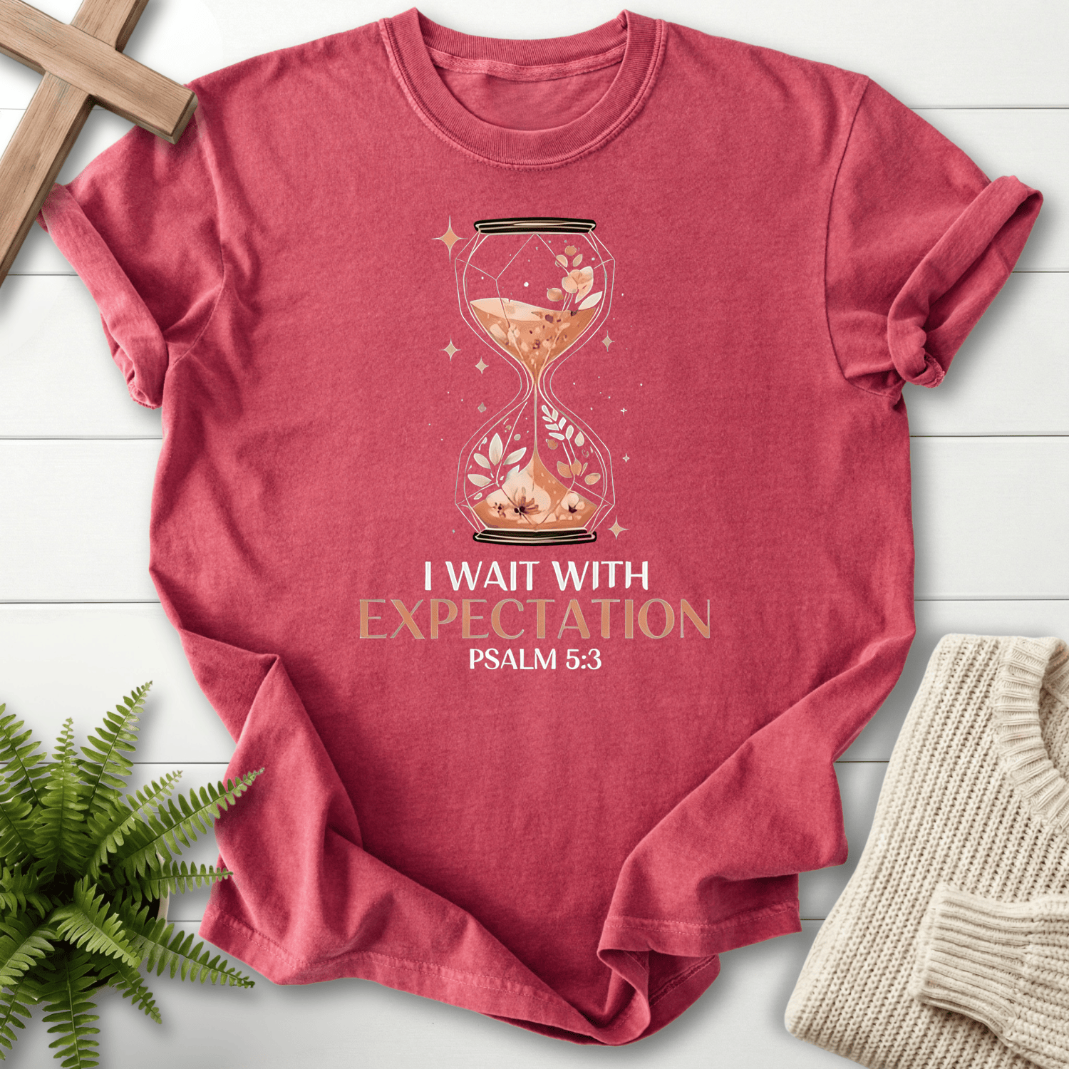 Crimson women's Christian t-shirt with "I Wait With Expectation" lettering and floral art, inspired by Psalm 5:3.