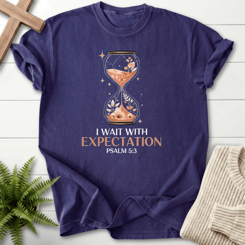 Grape women's Christian t-shirt with an ornamental hourglass design, inspired by Psalm 5:3.