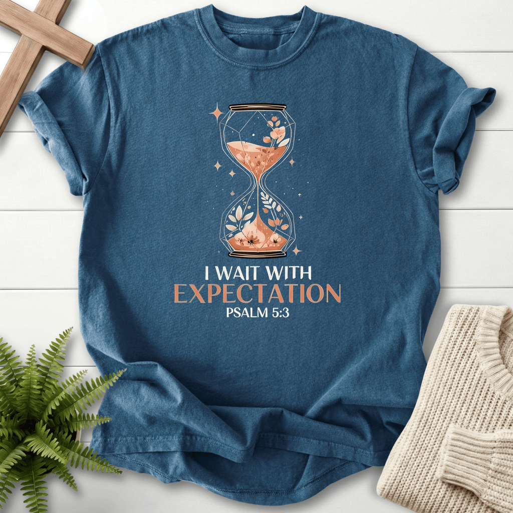 Midnight women's Christian t-shirt with floral hourglass art, inspired by Psalm 5:3.