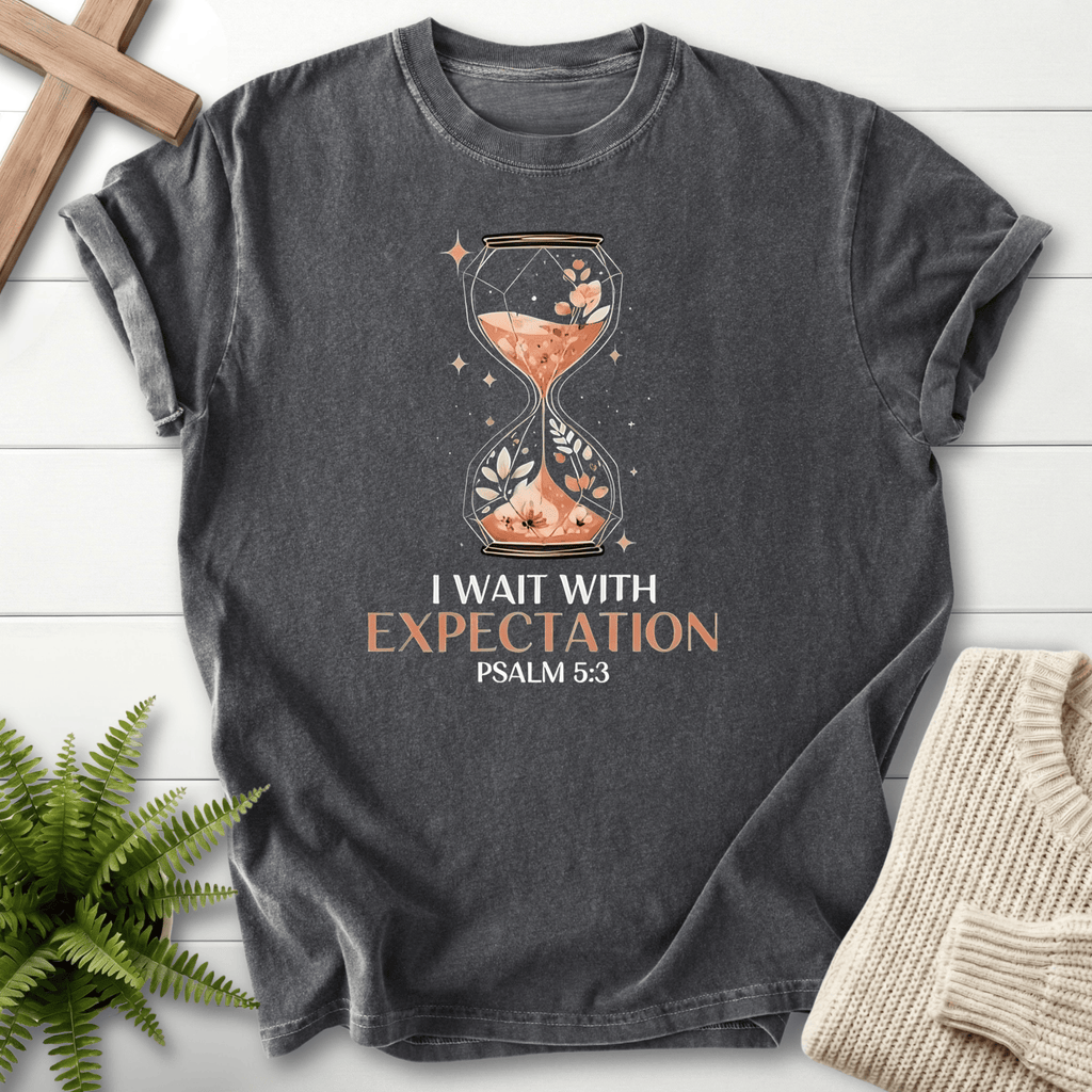 Pepper women's Christian t-shirt with a floral hourglass and "I Wait With Expectation," inspired by Psalm 5:3.