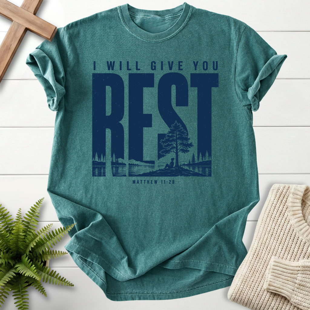 Blue Spruce color option for the I Will Give You Rest faith-based tee with "I Will Give You Rest T-Shirt" Matthew 11:28.