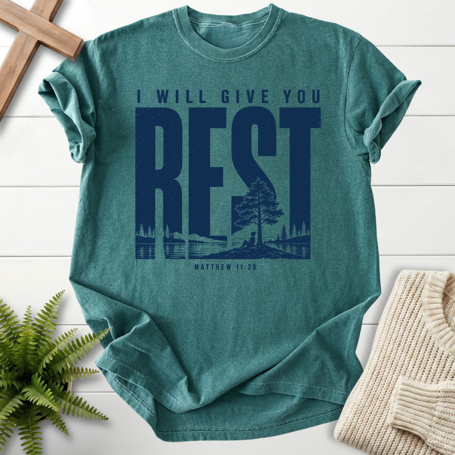 Blue Spruce color option for the I Will Give You Rest faith-based tee with "I Will Give You Rest T-Shirt" Matthew 11:28.