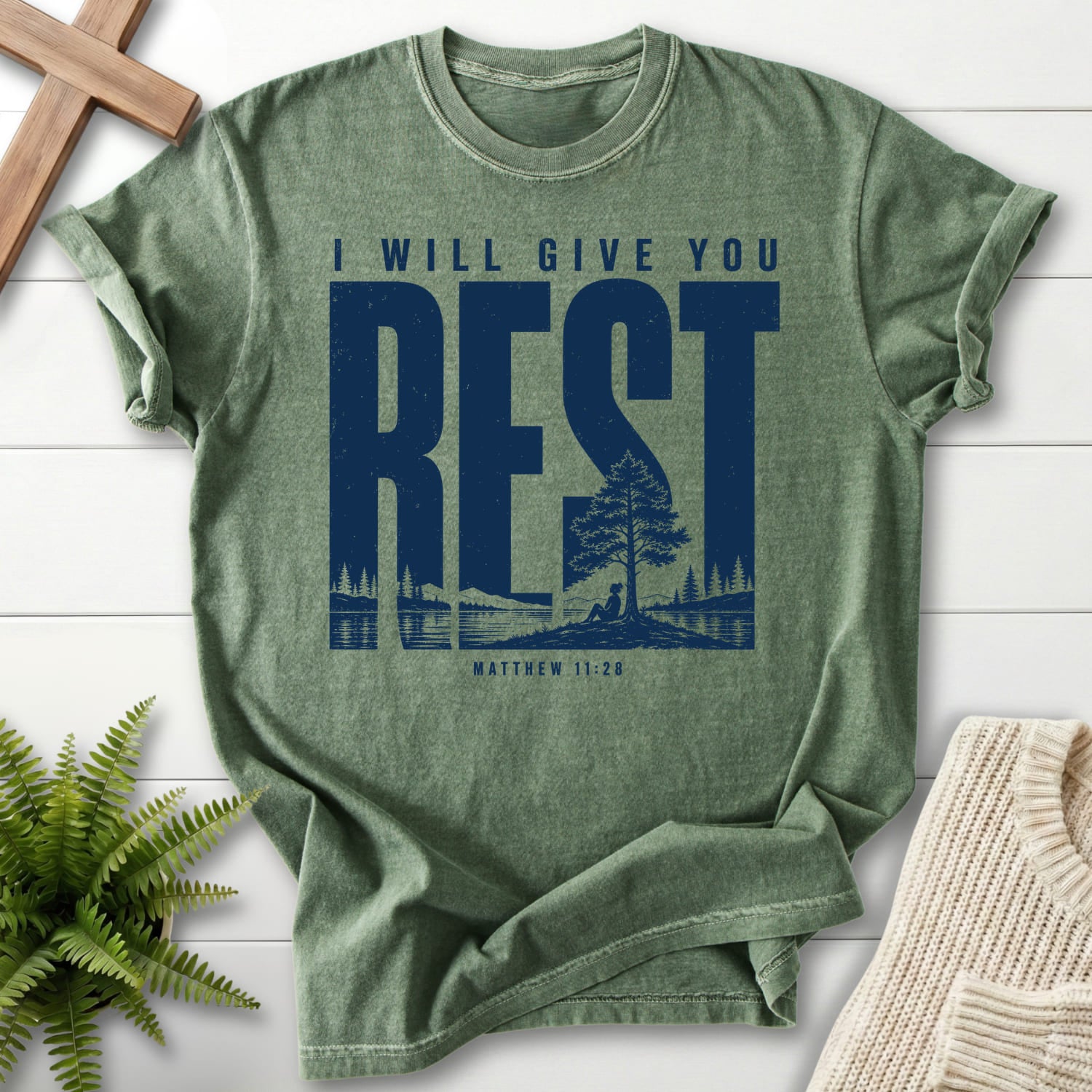 Moss color option for the I Will Give You Rest tee with "I Will Give You Rest T-Shirt" Matthew 11:28 from Printify.