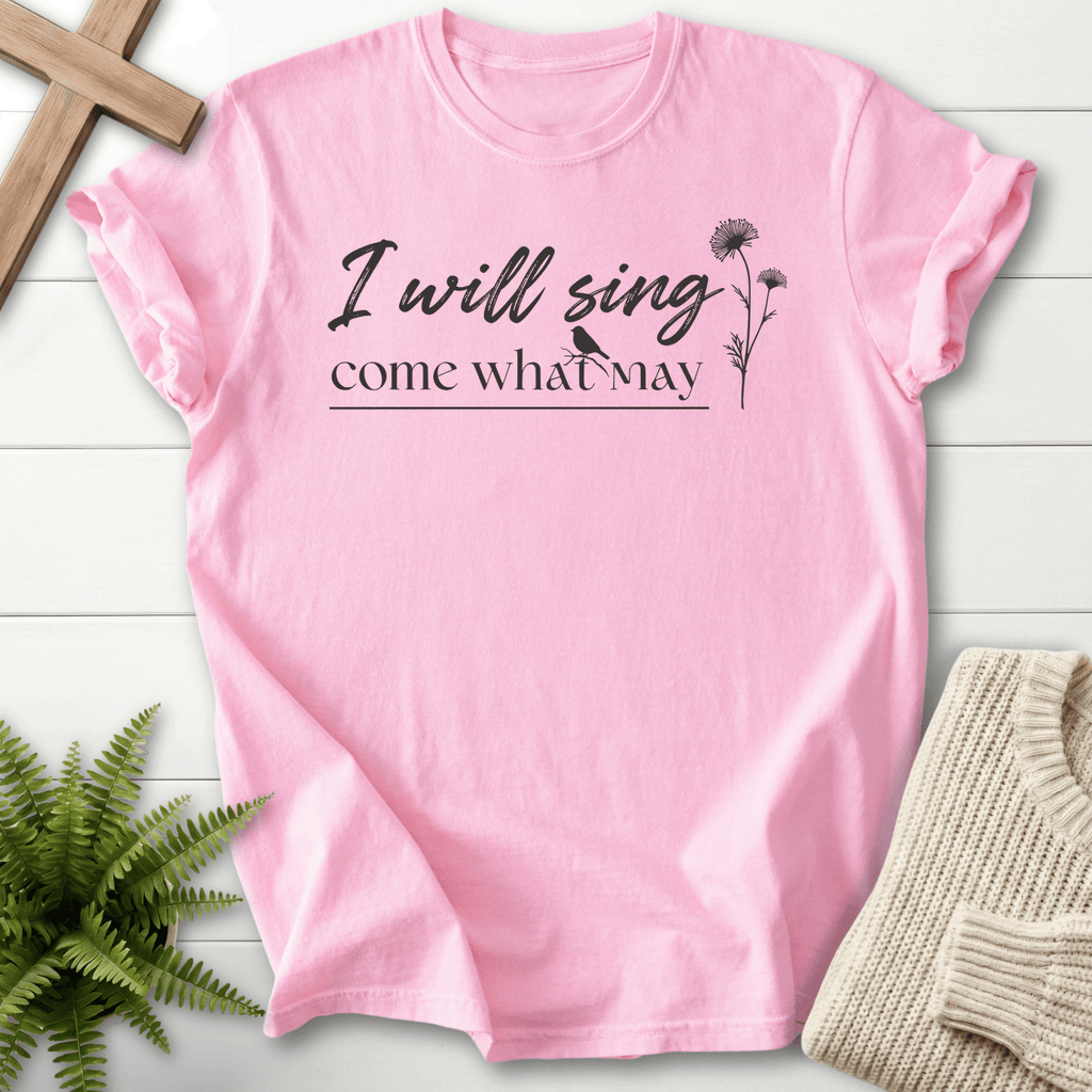 Blossom women's Christian t-shirt with cursive lettering and a small bird-and-flower illustration