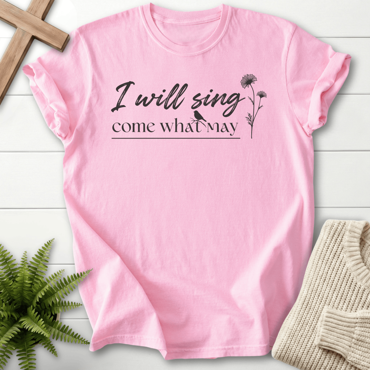 Blossom women's Christian t-shirt with cursive lettering and a small bird-and-flower illustration