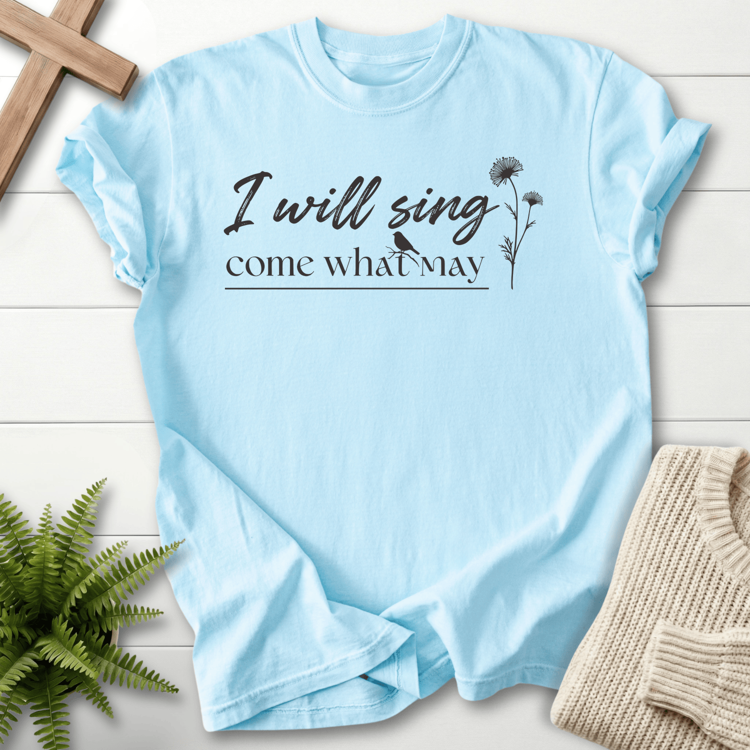 Chambray women's Christian t-shirt with a minimalist script and wildflower motif, Comfort Colors 1717