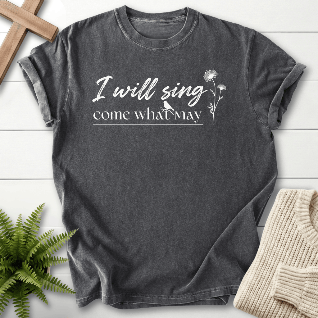 Pepper women's Christian t-shirt with hand-drawn script and bird accent, She Wears Faith