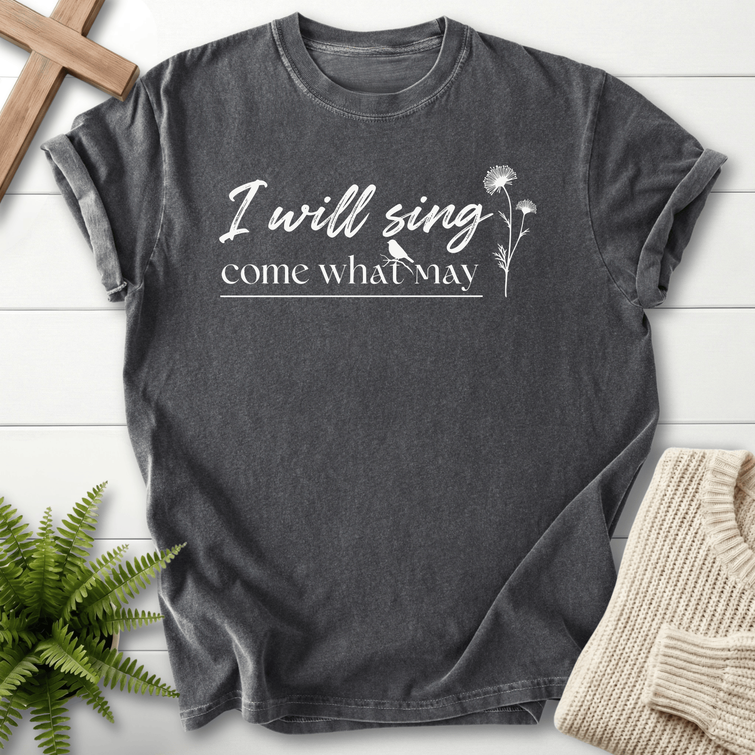 Pepper women's Christian t-shirt with hand-drawn script and bird accent, She Wears Faith