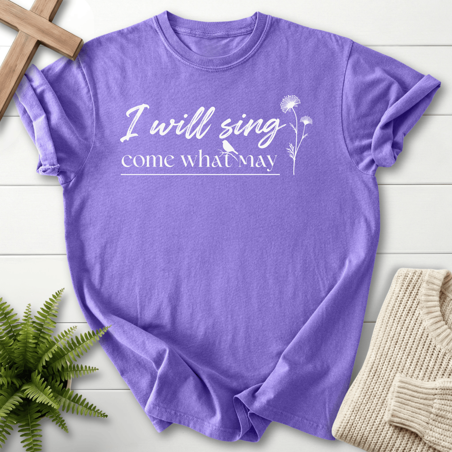 Violet women's Christian t-shirt with elegant handwritten lettering and botanical wildflower art
