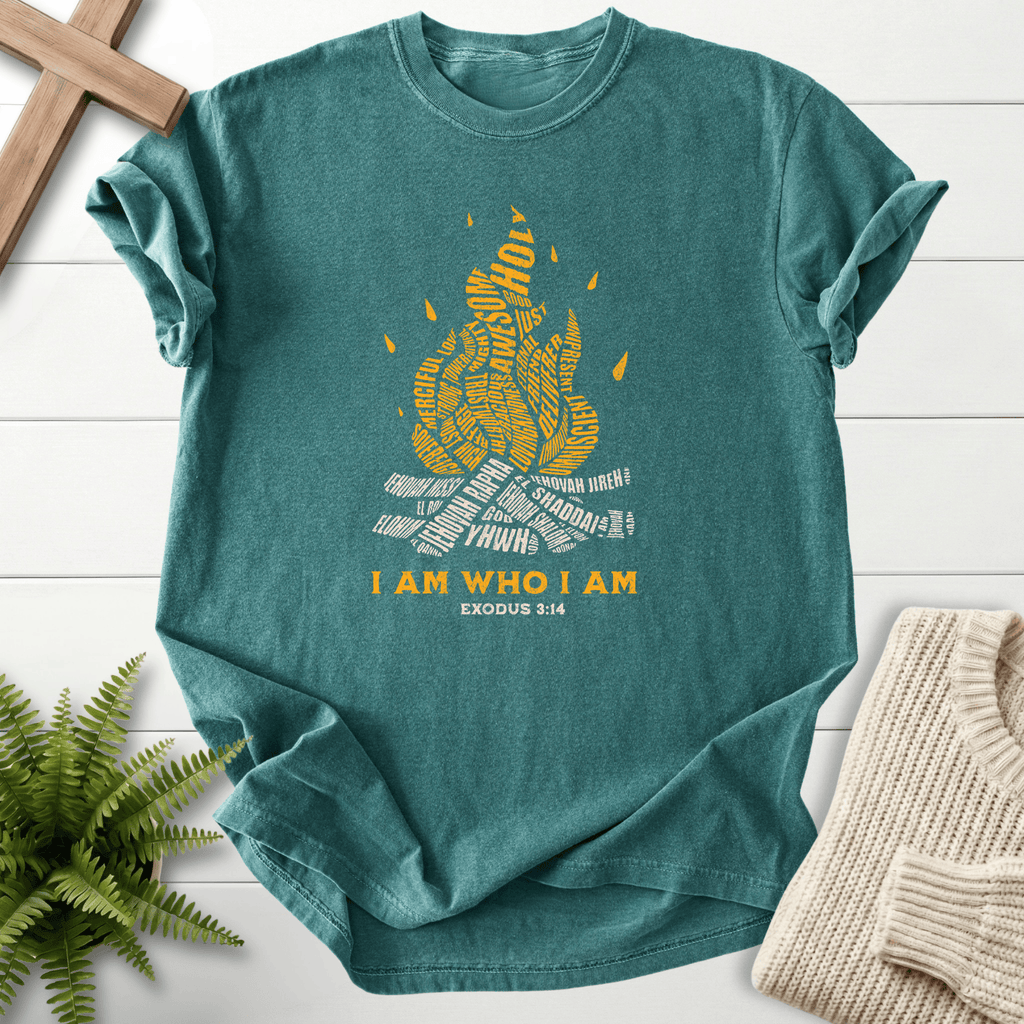Blue Spruce women's Christian t-shirt with golden fire typography, inspired by Exodus 3:14