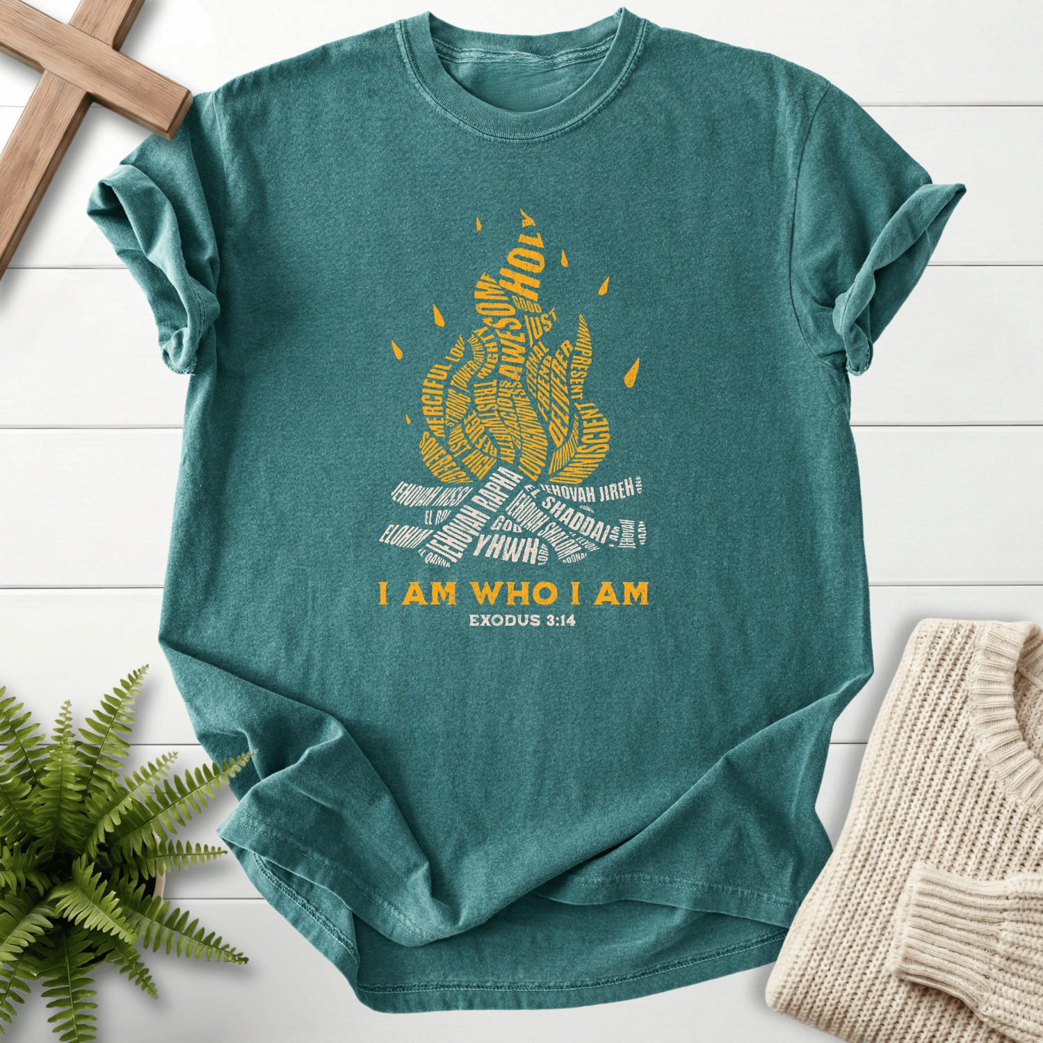 Blue Spruce women's Christian t-shirt with golden fire typography, inspired by Exodus 3:14