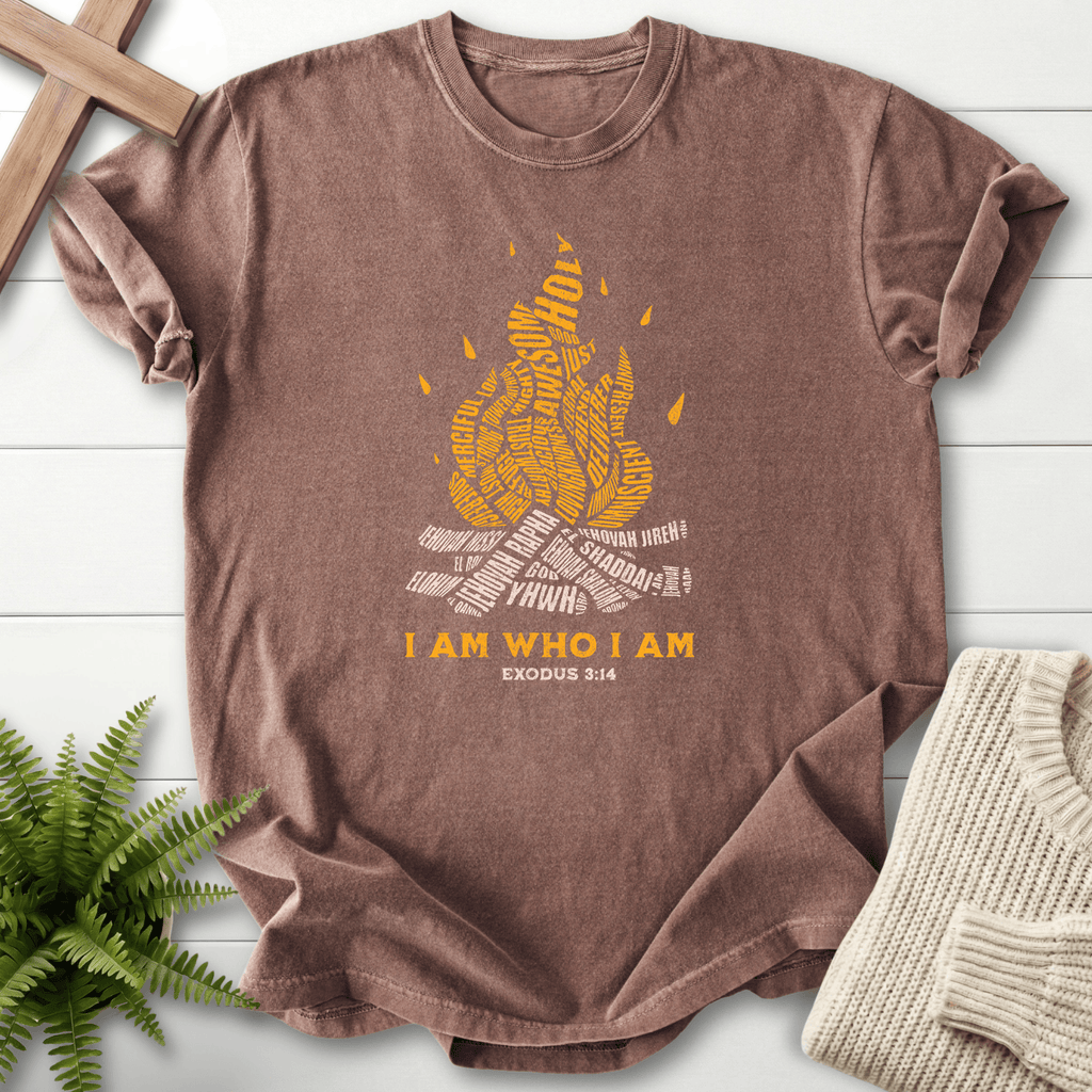 Espresso women's Christian t-shirt with names of God forming campfire art, She Wears Faith