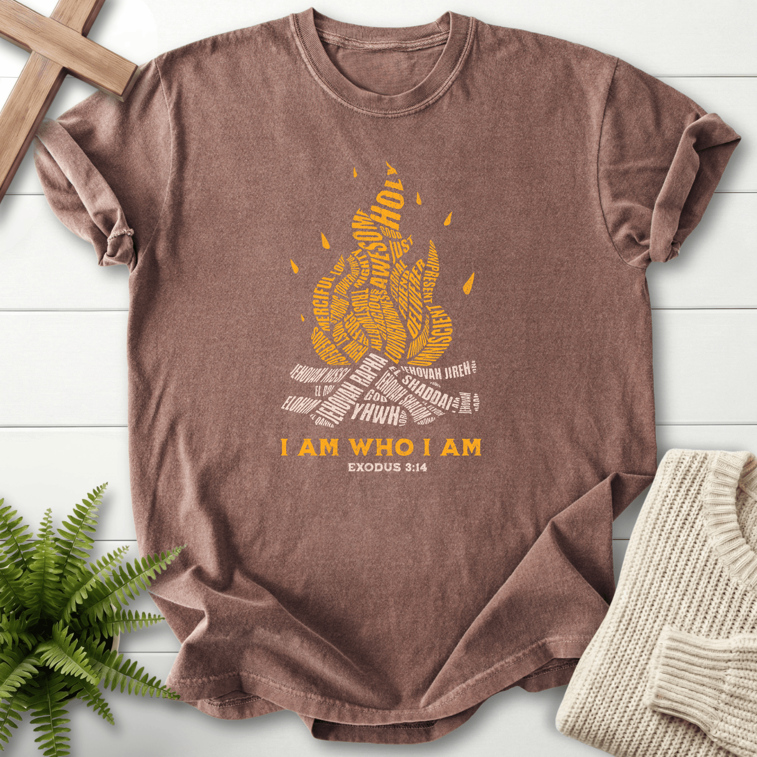 Espresso women's Christian t-shirt with names of God forming campfire art, She Wears Faith