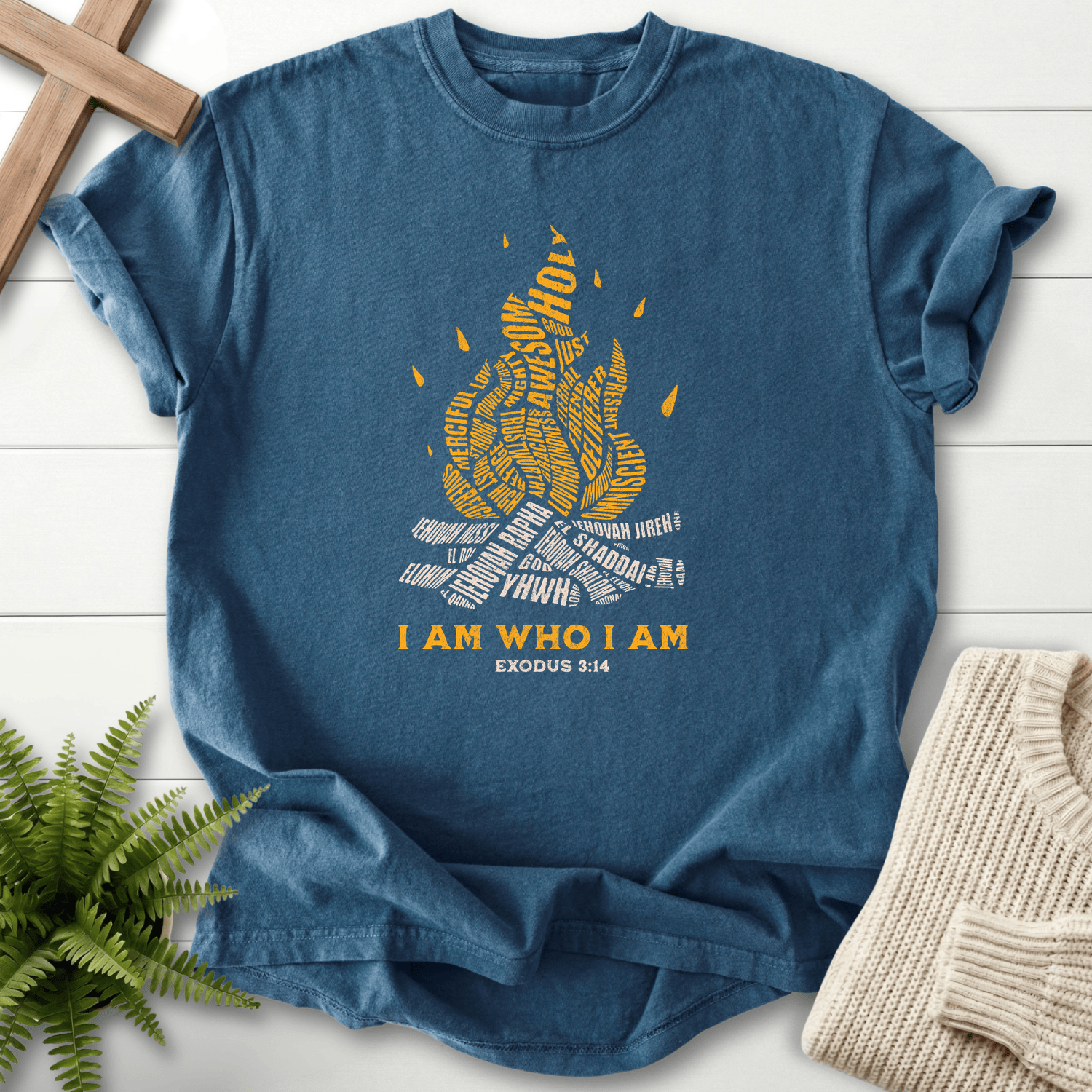 Midnight women's Christian t-shirt with a typographic campfire made from names of God, Comfort Colors 1717