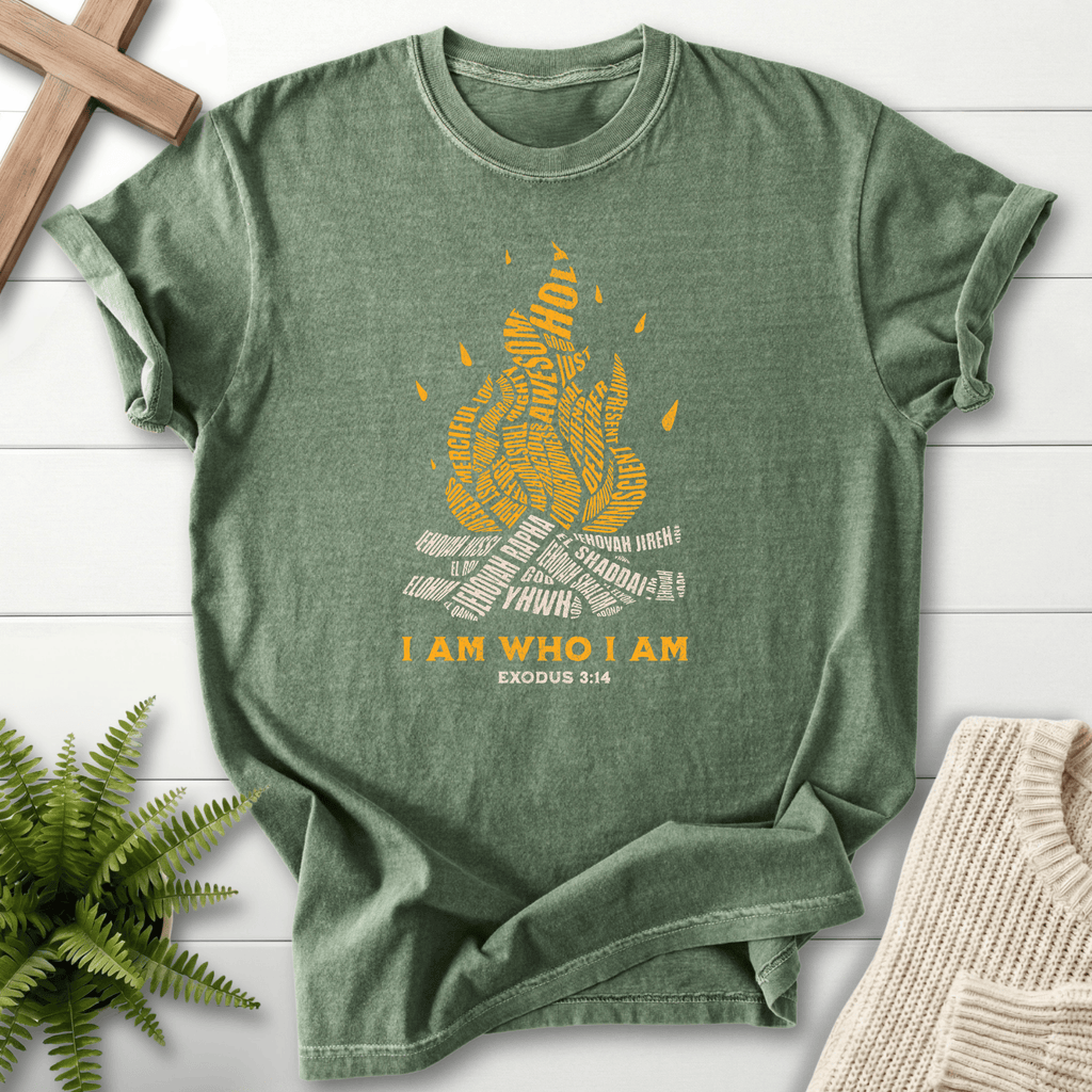 Moss women's Christian t-shirt with names of God forming a campfire shape and "I Am Who I Am," inspired by Exodus 3:14